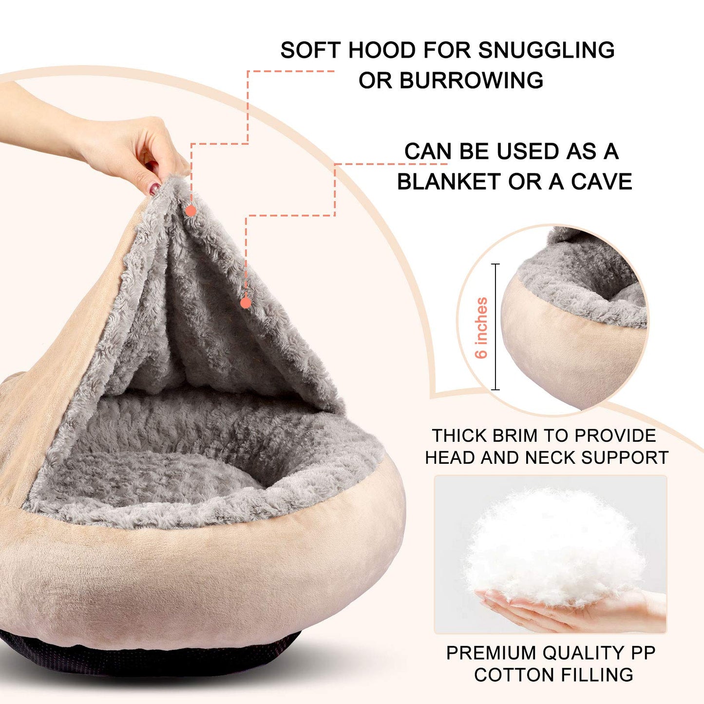 GASUR Small Dog & Cat Bed, 23'' Donut Pet Bed Mat with Hooded Blanket, Anti-Anxiety Burrow Cave Bed, Cozy Puppy Bed, Machine Washable, for Indoor Pets up to 20lbs