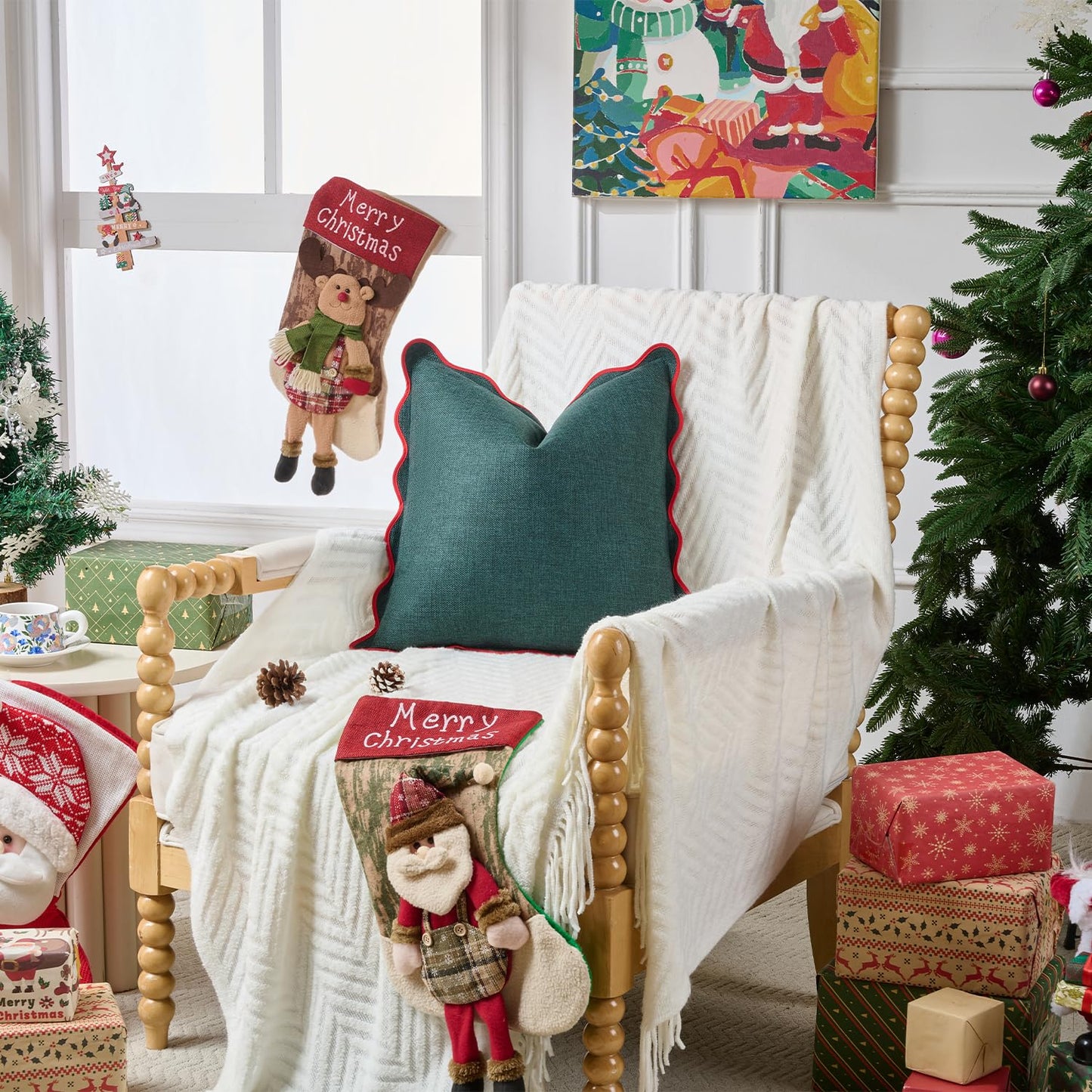 Mayler Yee Christmas Throw Pillow Covers | Decorative Pillow, Fabric Feels a Little Stiff | Scalloped Sytle for Living Room (One Red and One Green Pillow Covers, 18x18 Inch)