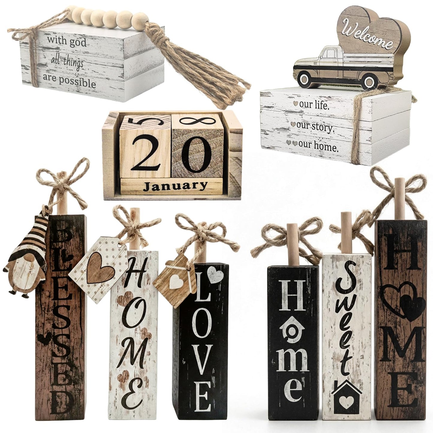 10 Pcs S Double Sided Farmhouse Table Decor Wooden Rustic, Our Home Our Story Life Wooden Book Stack Decor, Home Sweet Home Stacked Blocks Sign for Kitchen Shelf Coffee Table
