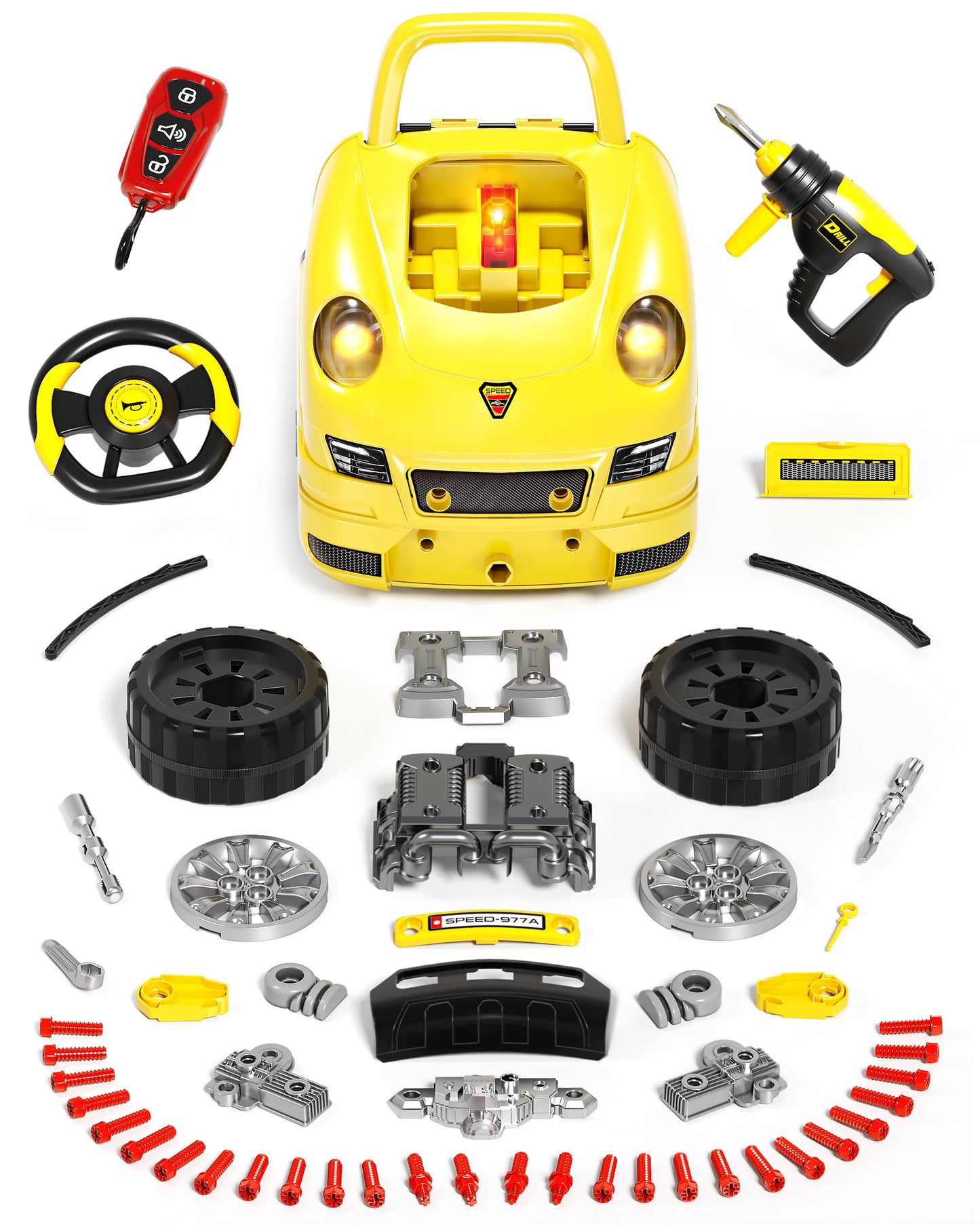Deejoy Large Truck Builder Kit for Toddlers 3-5, Kids Mechanic Workshop Set with Light and Sound, Removable Engine, Yellow, 15.3x18.7inch