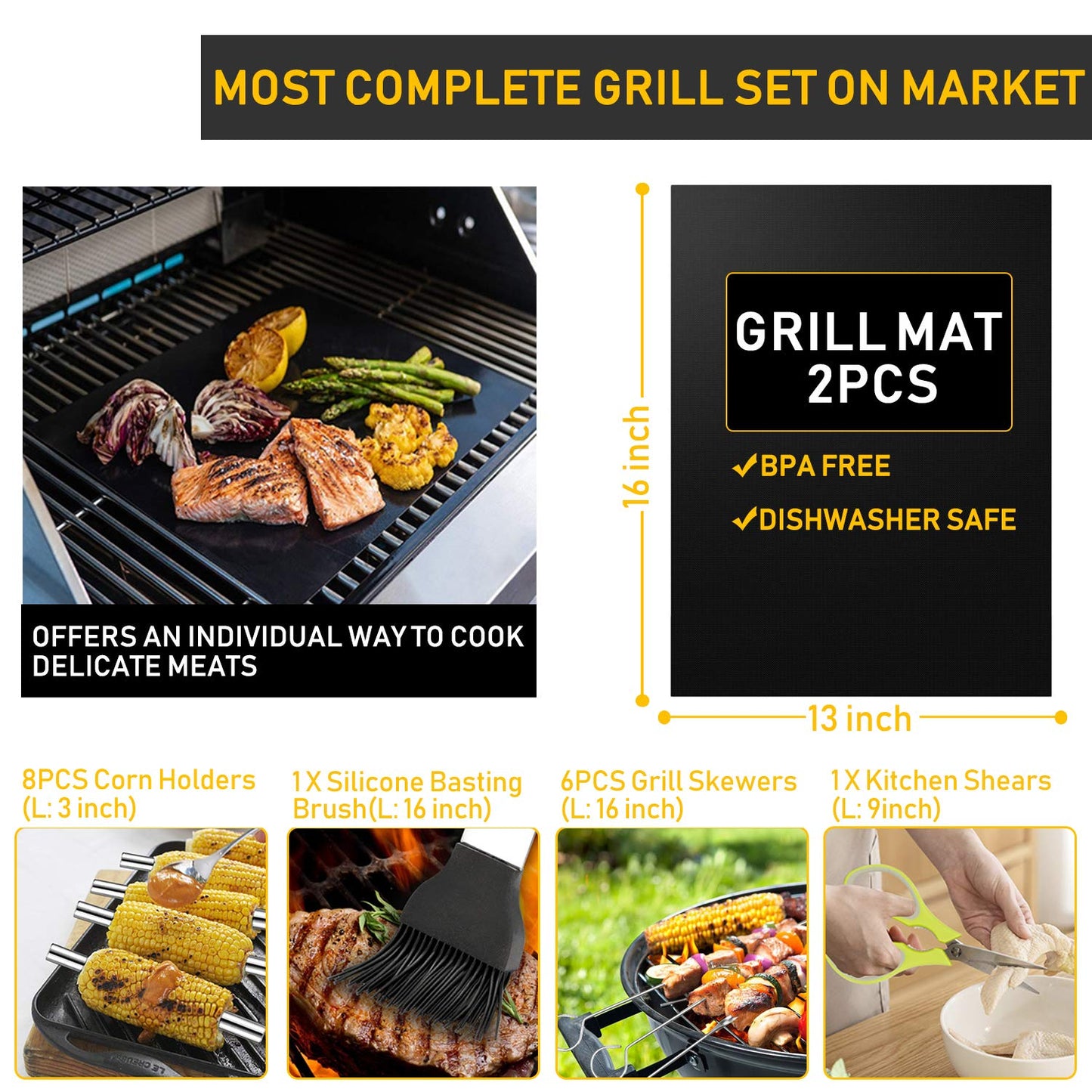 34Pcs Grill Accessories Grilling Gifts for Men, 16 Inches Heavy Duty BBQ Accessories, Stainless Steel BBQ Tools with Thermometer, Grill Mats for Backyard, BBQ Gifts Set for Men Women