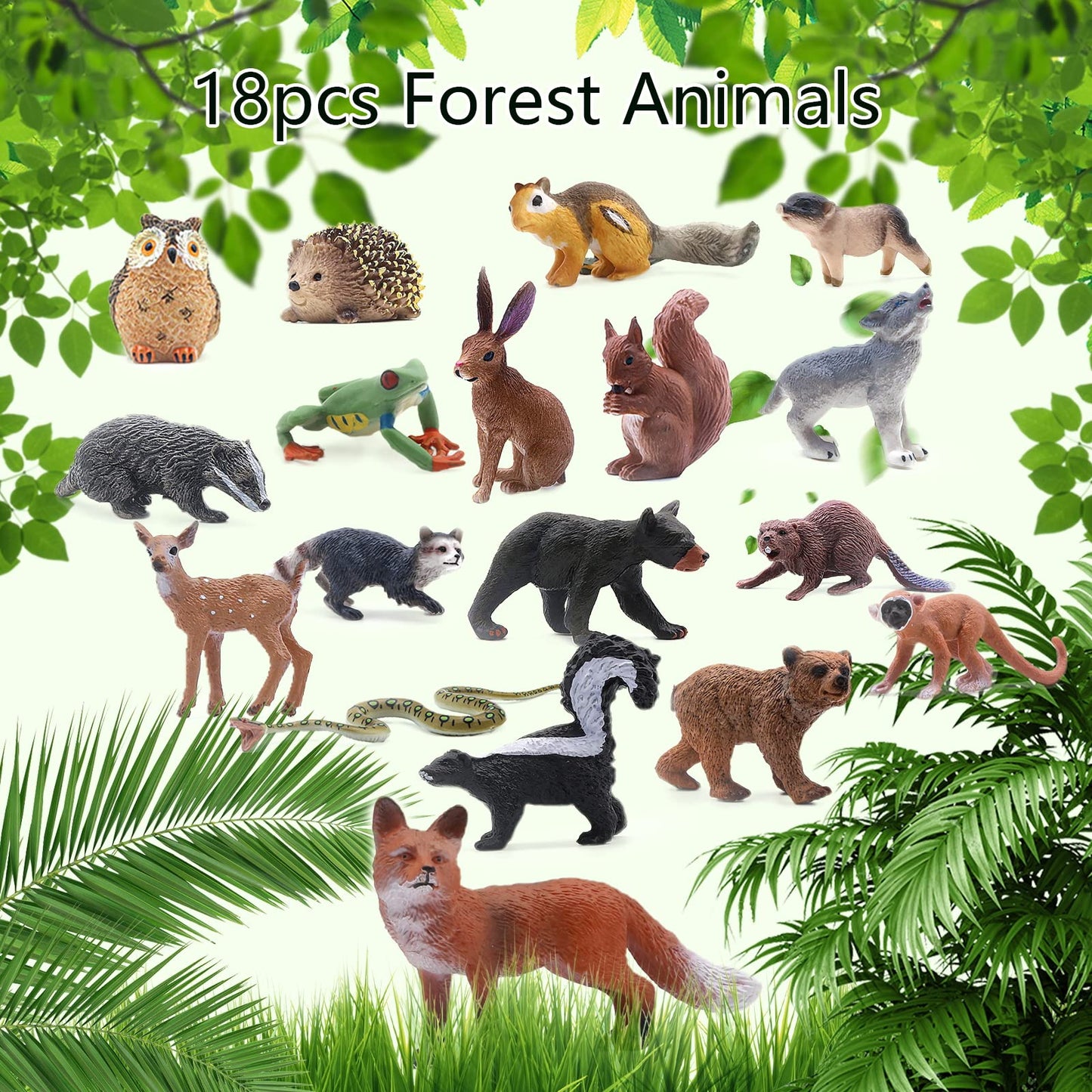 SIENON 18Pcs Forest Animals Figures Toys, Baby Woodland Animals Figurines, Miniature Animals Toys with Owl Hedgehog Fox Squirrels Bear Deer Wolf for Woodland Theme Cake Cupcake Toppers