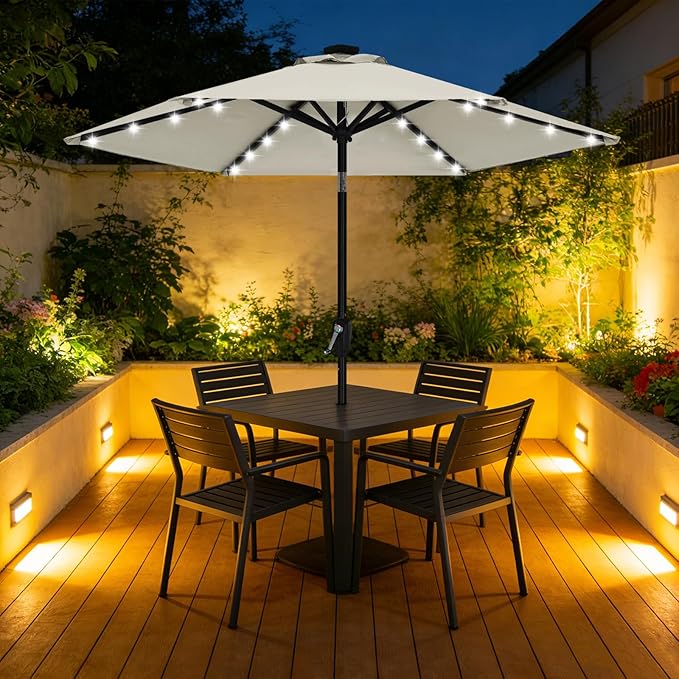 ABCCANOPY Durable Solar Led Patio Umbrellas with 32LED Lights 7.5FT (Light Beige)