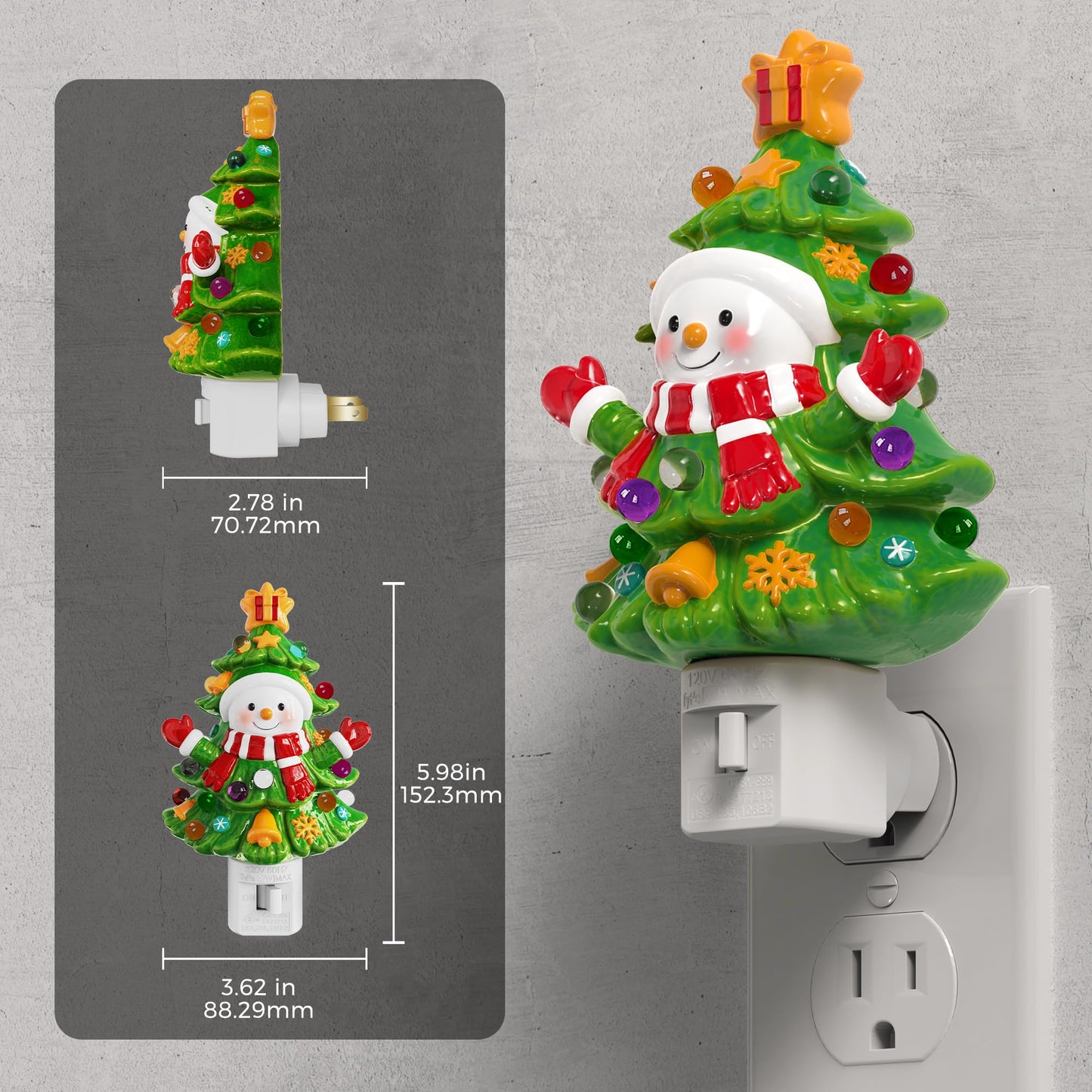 L LOHAS LED Christmas Tree & Snowman Night Light, 3000K Warm White Plug-In Night Light, Cute Resin Holiday Decor with 360° Rotatable Plug for Kids Room, Party & Home, 1 Pack