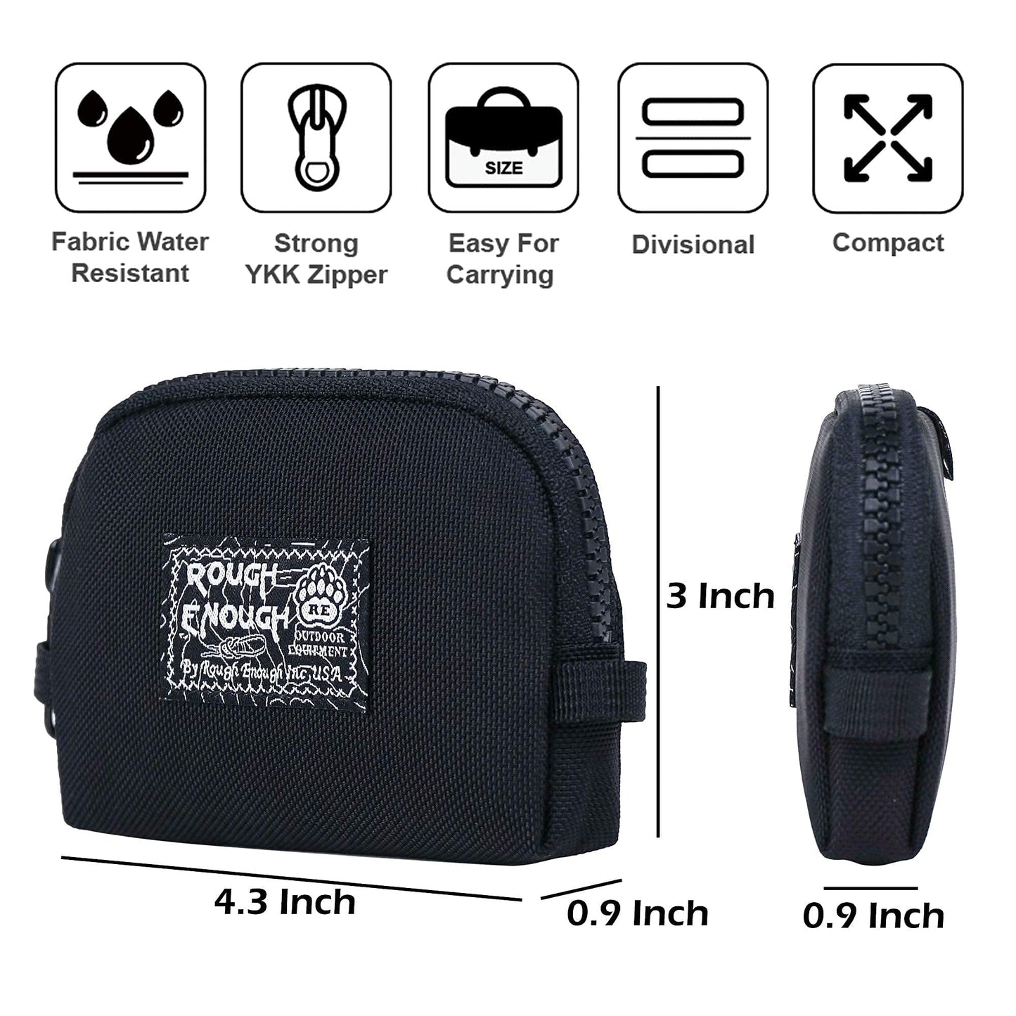 Rough Enough Small Coin Purse Card Wallet Keychain Pouch for Men Women with Zipper Neck Lanyard Black Cordura Water Repellent