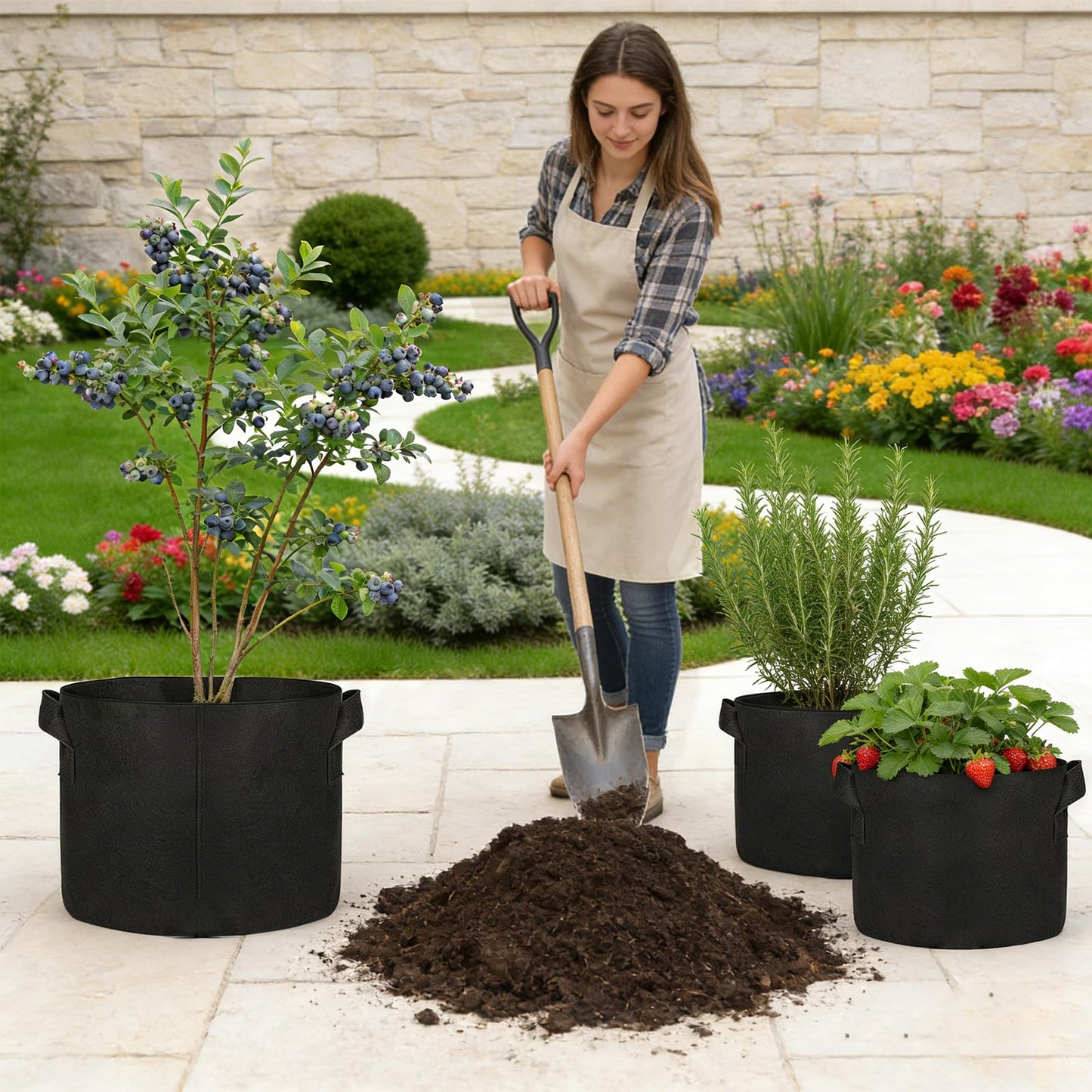 Hemikaki 5-Pack 20 Gallon Grow Bags, Large Nonwoven Fabric Pots with Handles for Planting Fruits, Vegetables, Flowers Indoor Outdoor