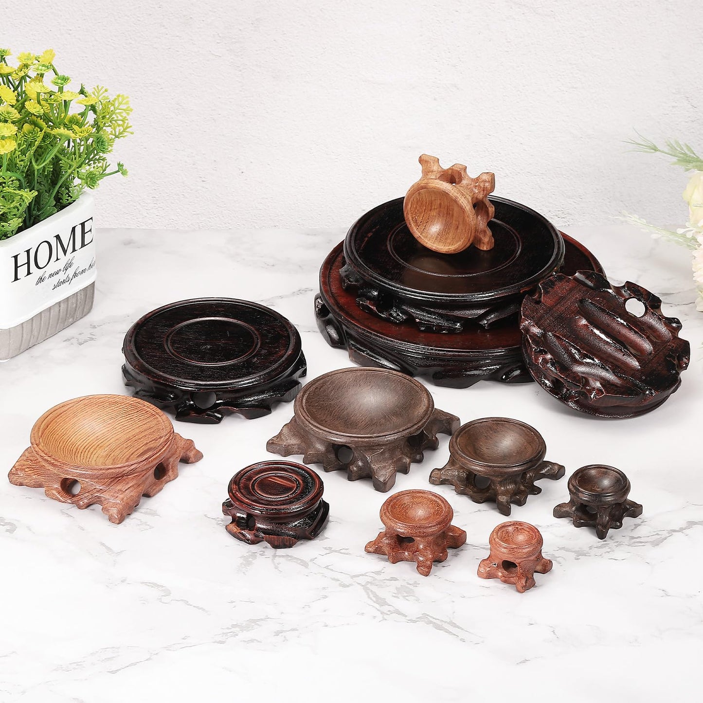 MECCANIXITY Wooden Stand Holders Displays Base 90mm Diameter Red Brown for Vase Bonsai Stone Pack of 2