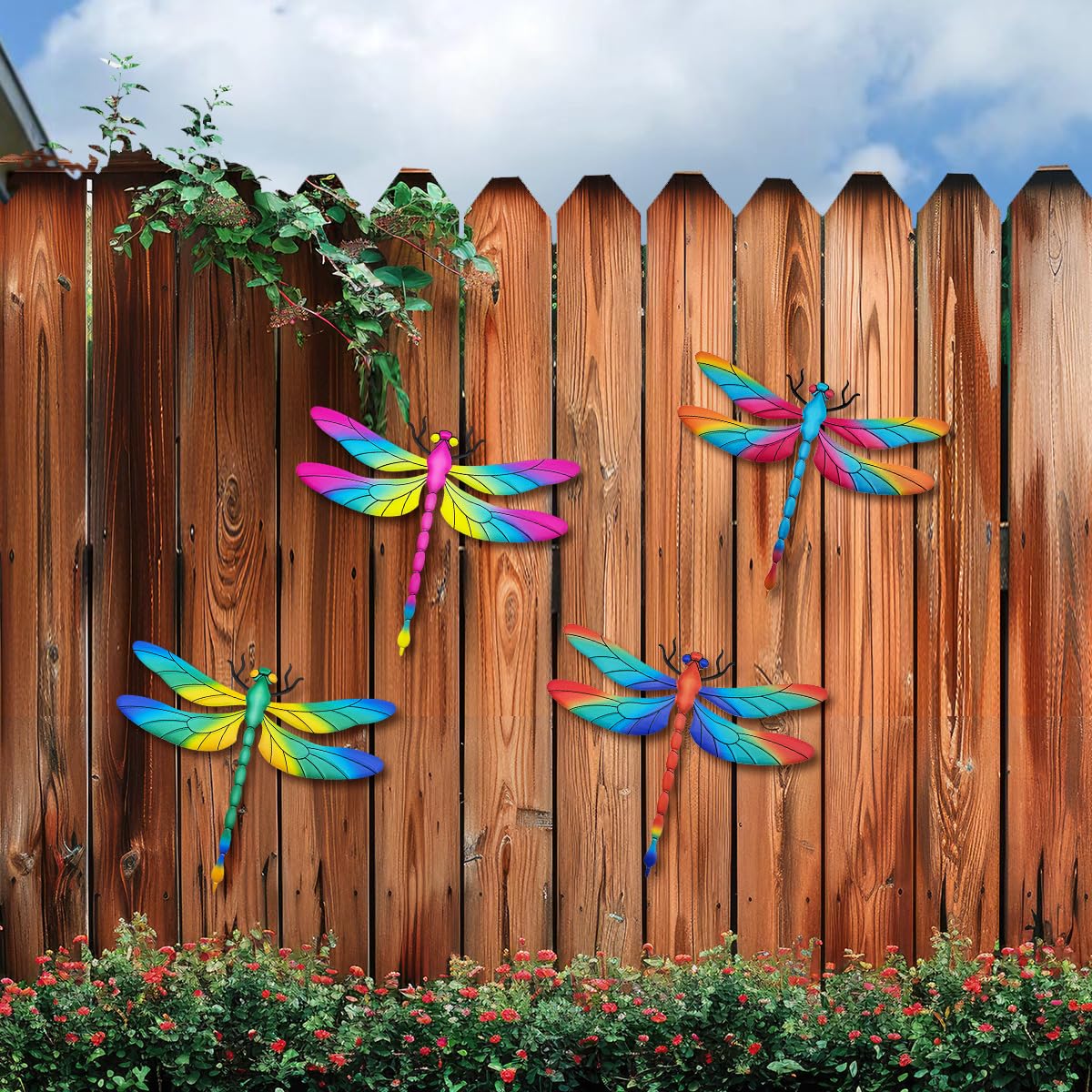 Large Metal Dragonfly Wall Decor, 4 Pack 13 inch Metal Dragonflies Wall Art Hanging Sculpture Decorations for Outdoor, Yard Patio Fence Garden Outside Decor