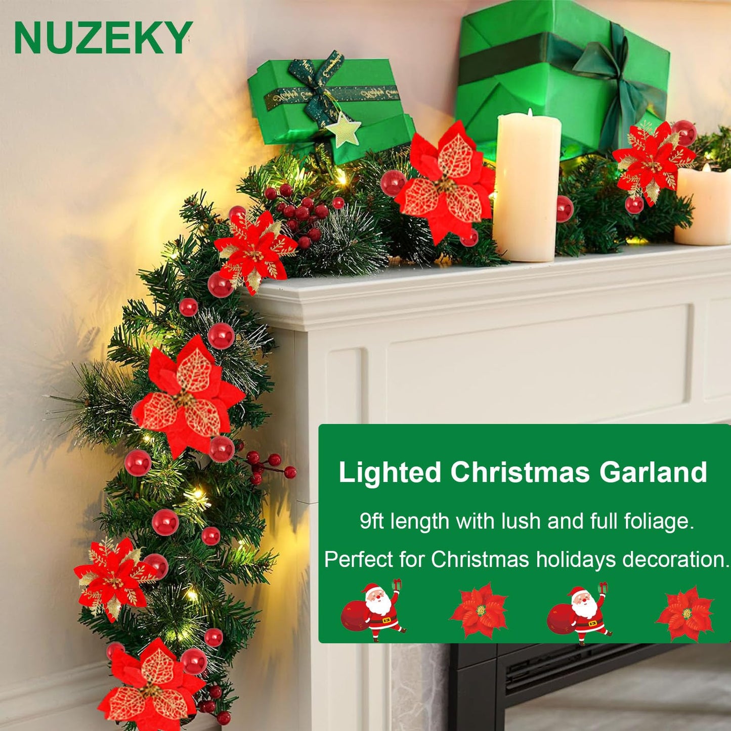 9FT Prelit Artificial Christmas Garland with Lights: Greenery Garland Decoration with 30 Warm LED Lights - Xmas Garland for Office Fireplace Mantle - Christmas's Day Indoor Outdoor Holiday (Garland3)