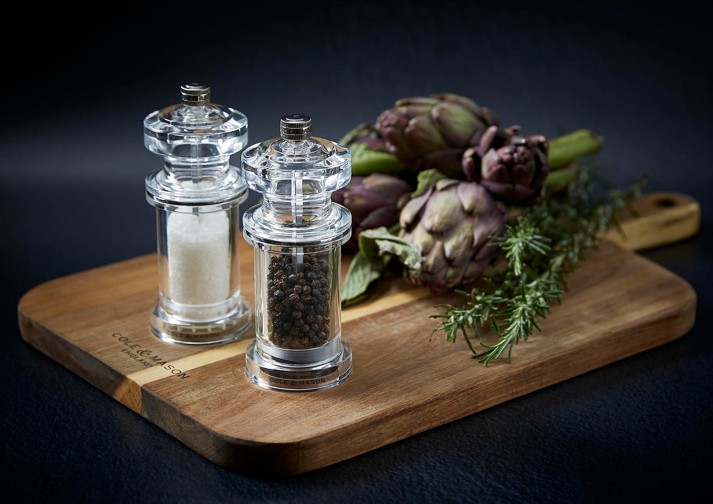 Cole & Mason 605 Refillable Spice Mill - Kitchen & Home Accessory - Salt & Pepper Grinder Set - Salt & Peppercorn Included - Acrylic - New Salt & Pepper Set 5.5"