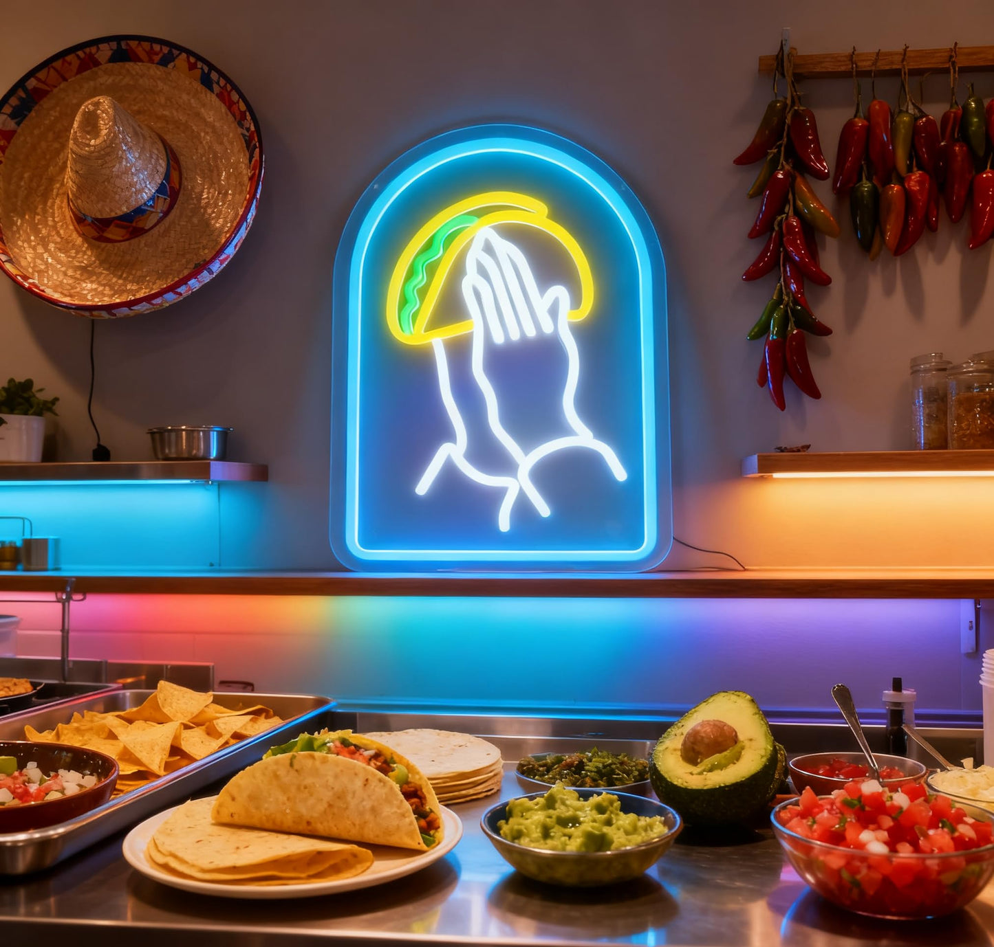Taco LED Neon Sign, USB Powered Dimmable Decorative Neon Light for Mexican Restaurant Home Kitchen Taco Shop Food Truck Party Dining Room Wall Table Decor 15.4 x 10 In