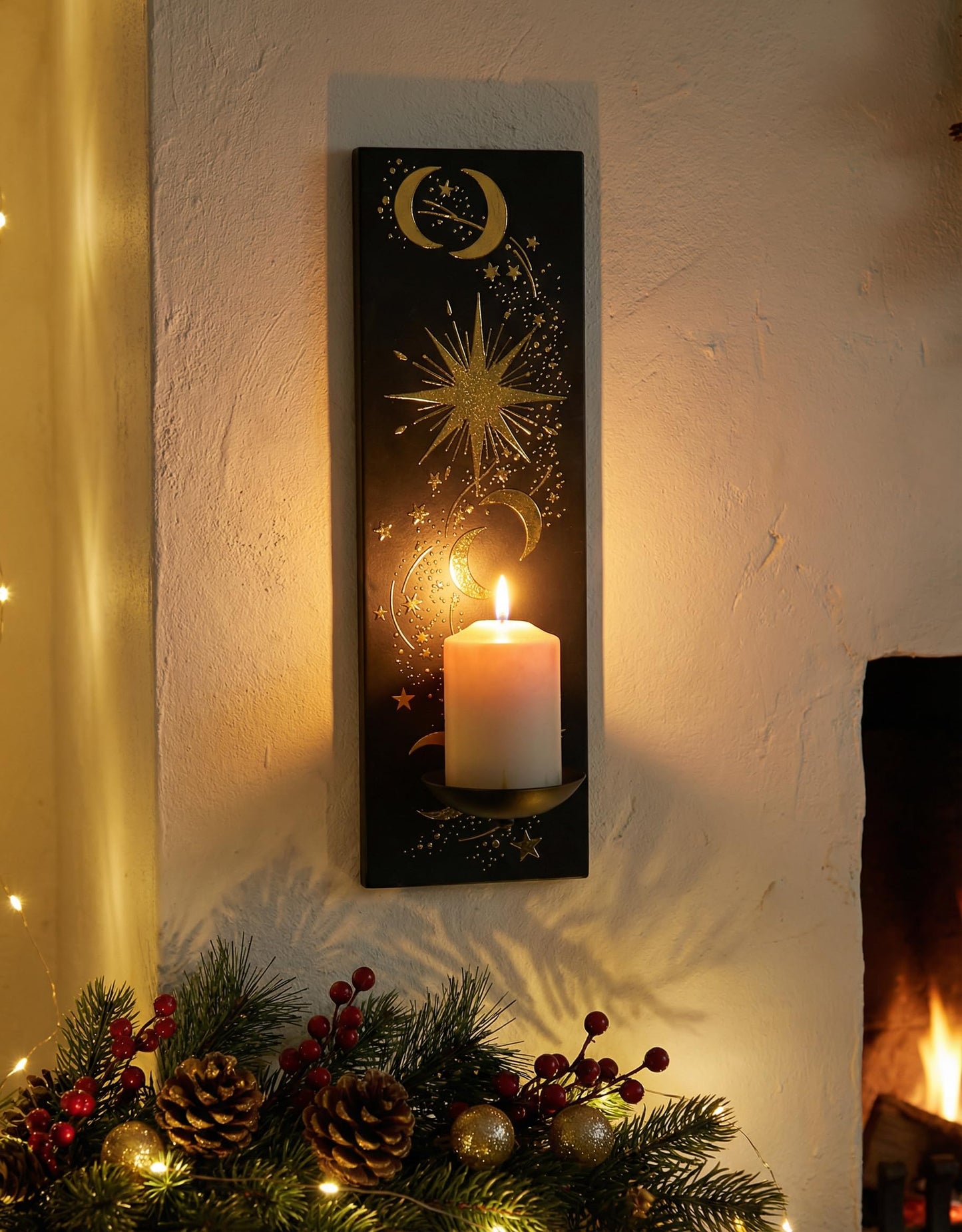 ZOOYOO Moon and Star Wall Candle Sconces Set of 2, Black Iron Wall Sconce with Gold Foil,Celestial Farmhouse Wall Decor for Bedroom Living Room,Wall Candle Holder for Yoga Meditation,Astronomy Gift