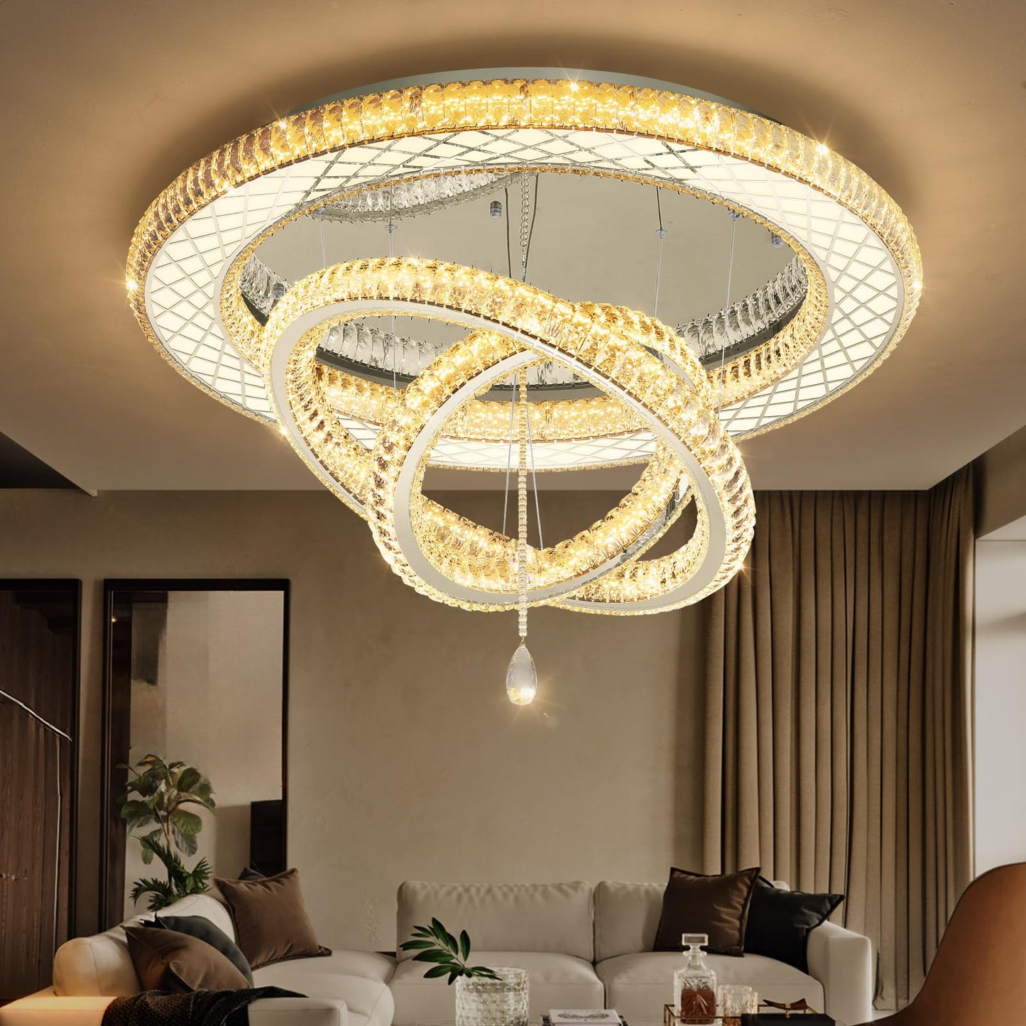 39.4" Modern Crystal Chandeliers Dimmable Lager Chandelier LED Flush Mount Ceiling Light High Ceiling Chandelier for Living Room Dining Room Bedroom Foyer Hallway Entryway Silver