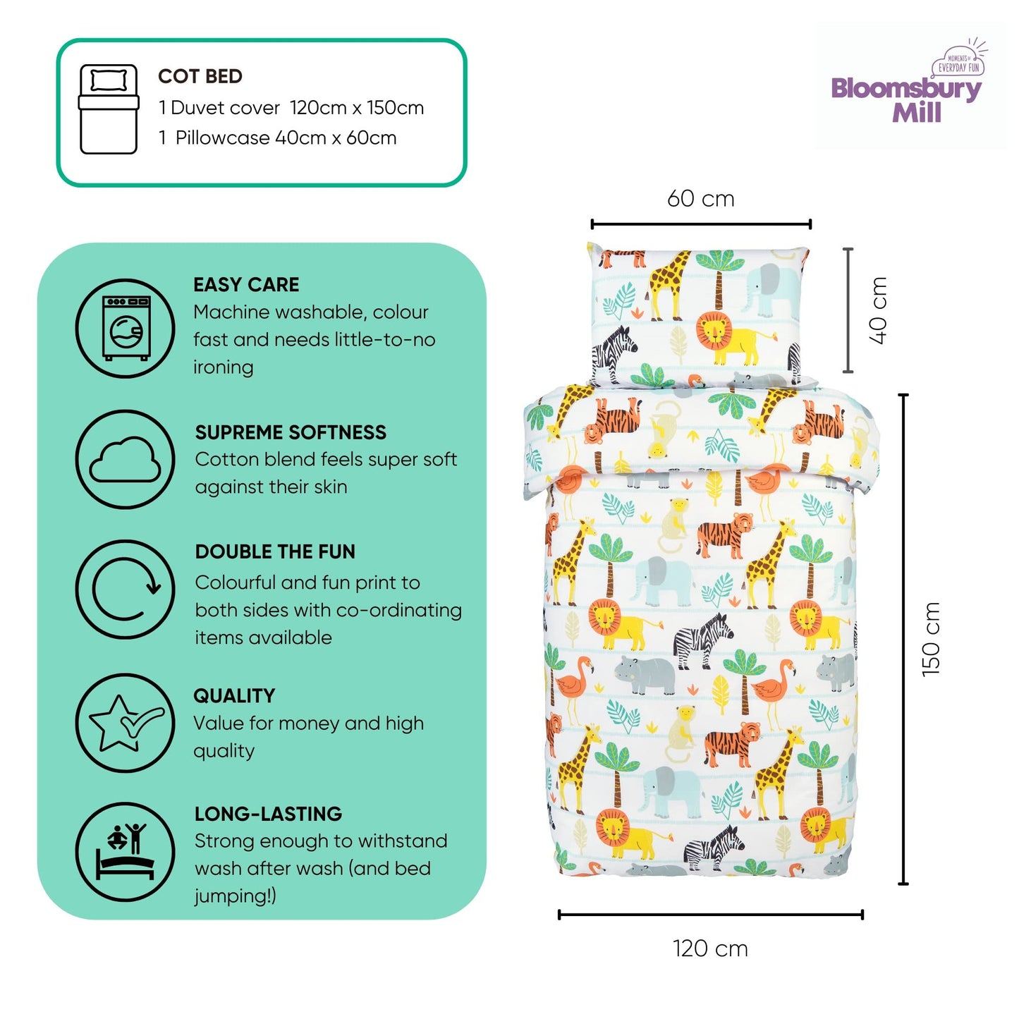 Bloomsbury Mill - Cot Bed Duvet Cover Set - Toddler Bedding Set For Boys and Girls - Safari Adventure - Jungle Animals Kids Bedding - Cot Duvet Cover & Pillow Case Set - 120x150cm