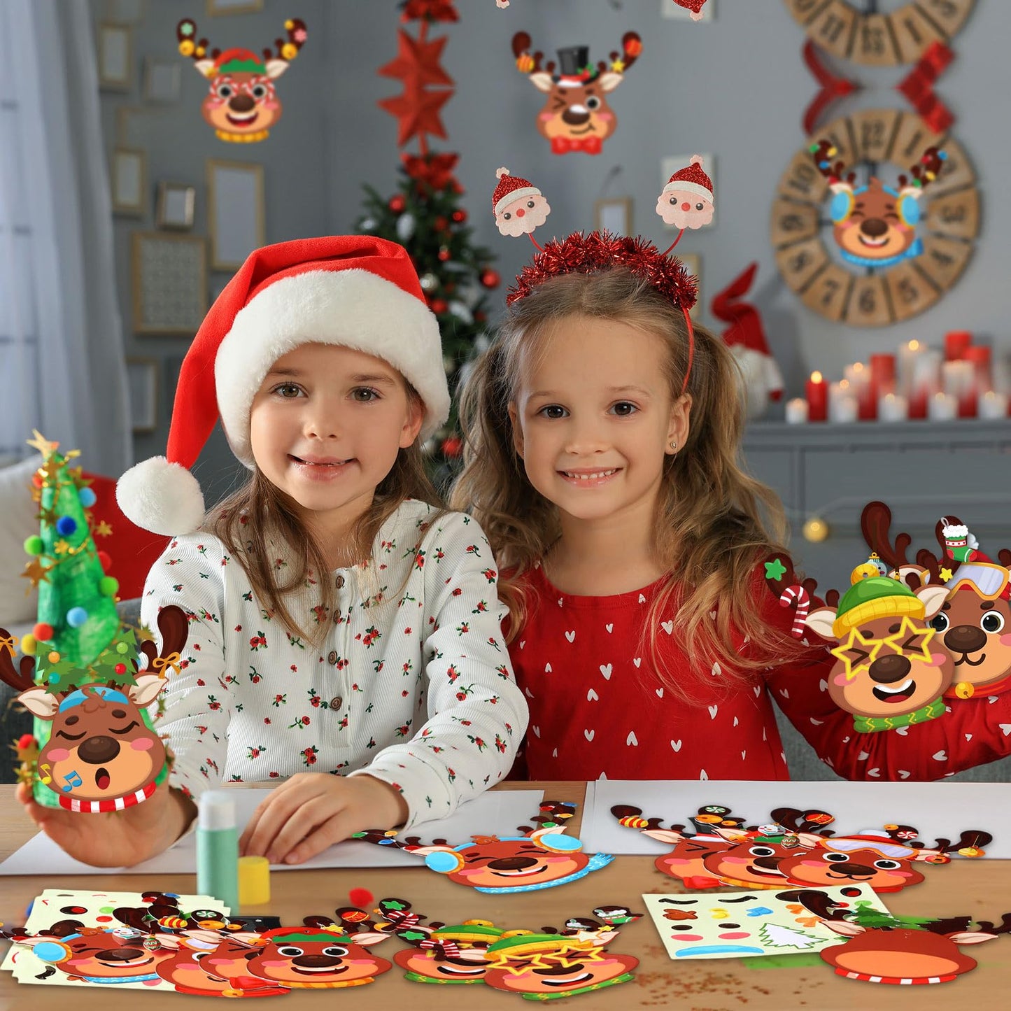 Pasimy 48 Pcs Christmas Crafts Kits for Kids Christmas Reindeer Ornament Crafts DIY Reindeer Ornament Kit Make Your Own Reindeer Craft Stickers for Holiday Xmas Classroom Party Favors