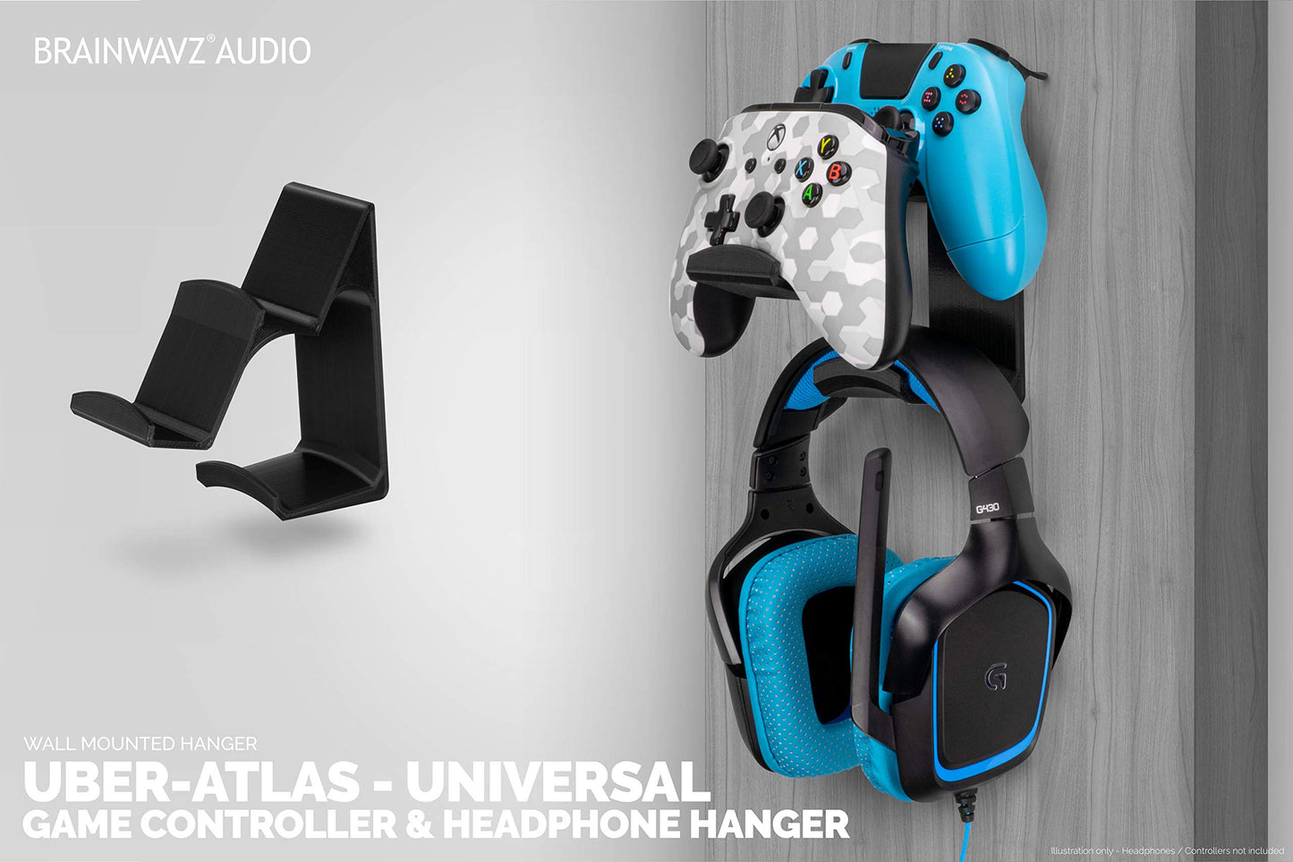 The UberAtlas Dual Game Controller & Headphone Stand Wall Mount Holder for Xbox ONE, Series X, PS5, PS4, PS3, Switch, STEELSERIES Gamepad & More, Stay Organized No Screws, by Brainwavz (Two Pack)