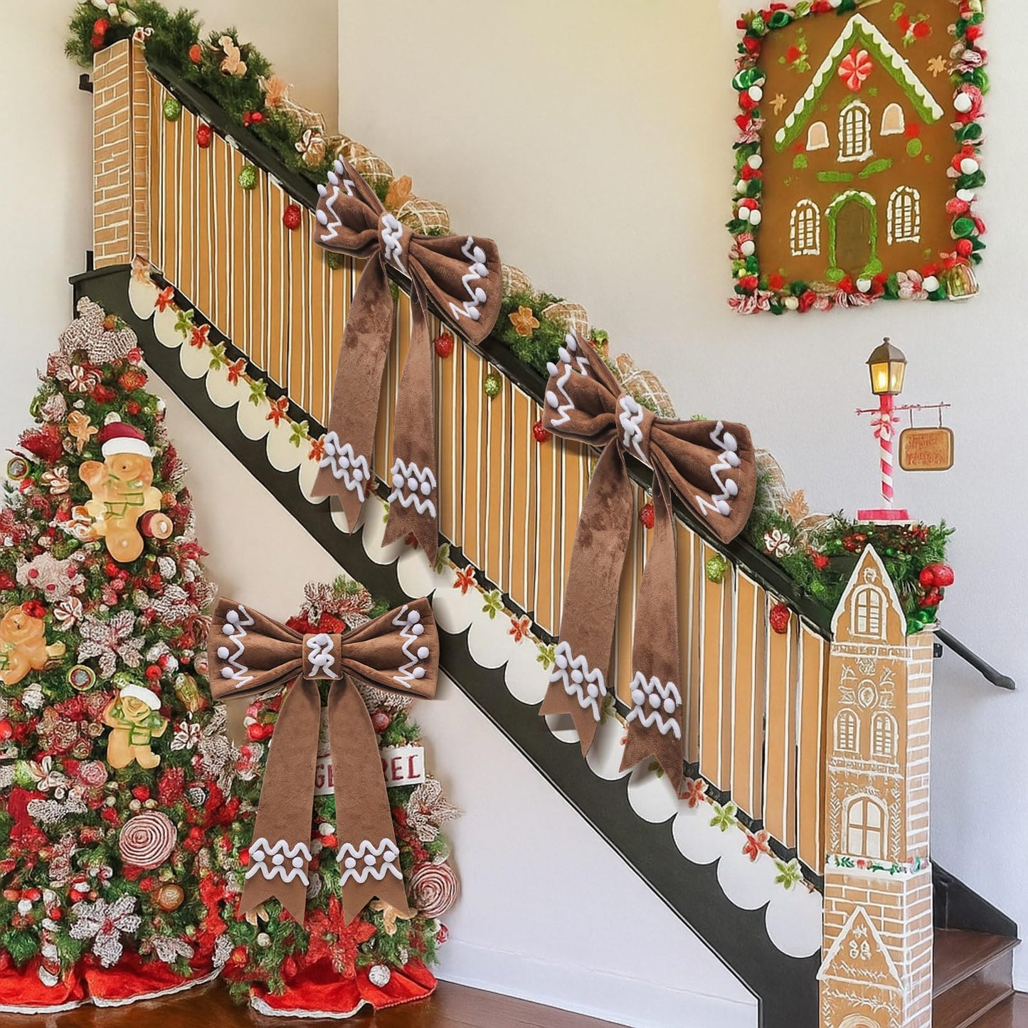 Suncalla 2 Pcs 19‘' Extra Large Christmas Gingerbread Tree Topper Wreath Bow Tree Topper Ornament Brown Plush Hanging Decor for Xmas Door Window Wall Wedding Party Decoration Supplies Gifts