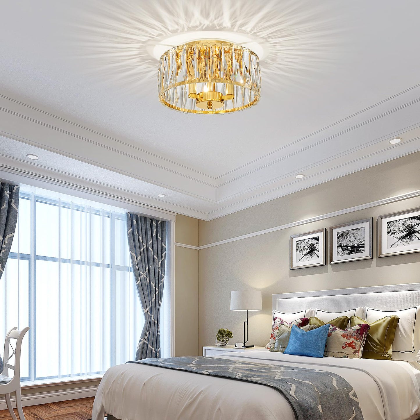 ElegLumi Crystal Ceiling Light, 3-Light Modern Flushmount Ceiling Light for Living Room, Dinning Room Hallway, D12xH9inch, Gold Finish Frame & K9 Crystal