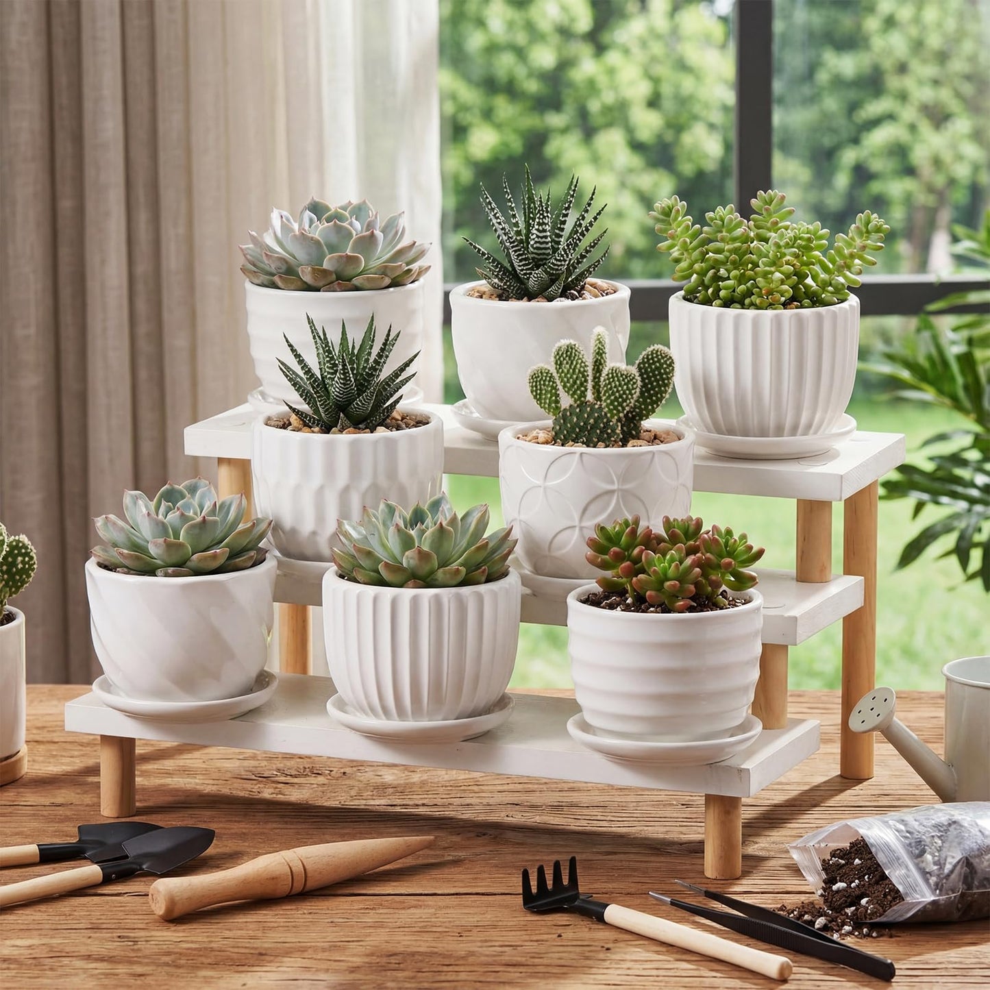 Maxdot 6 Set 4 Inch Ceramic Pots for Plants White Flower Pots with Drainage Holes Saucer Flower Planter for Indoor Outdoor Gardening Home Desktop Office Windowsill Decor