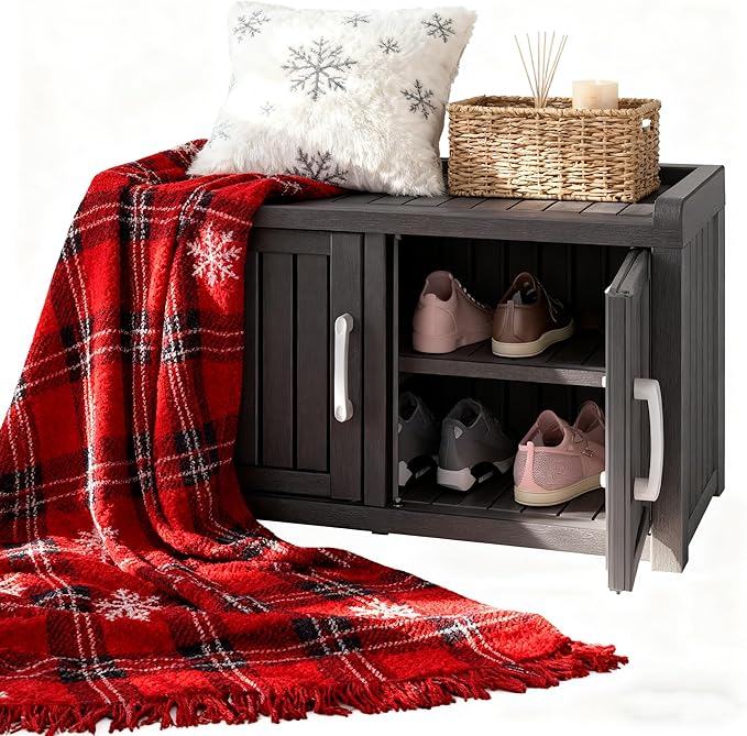 2-Tier Storage Bench, Waterproof UV-Resistant Outdoor Shoe Storage Cabinet with 2 Doors & Adjustable Shelves for Indoor Outdoor Entryway, Hallway, Living Room (Midnight Black)