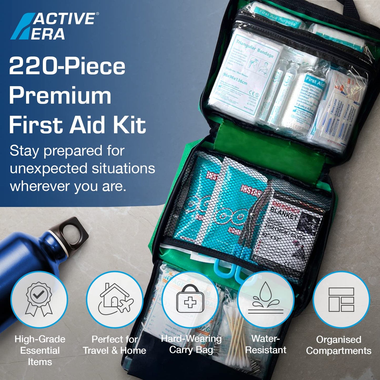 220 Piece Premium First Aid Kit Bag - Includes Eyewash, 2 x Cold (Ice) Packs and Emergency Blanket for Home, Office, Car, Caravan, Workplace, Travel and Sports