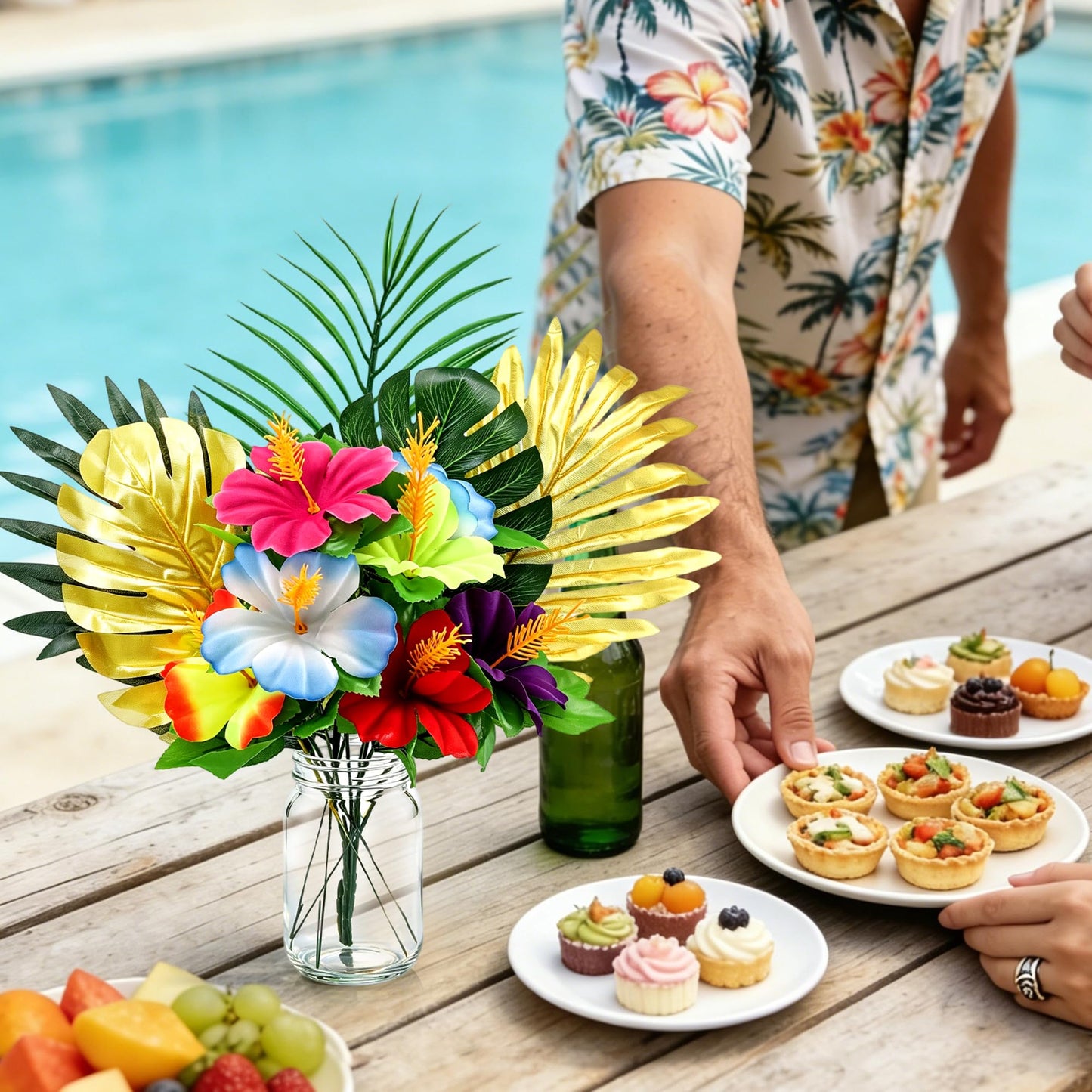 Fovths 6 Pack Hawaiian Flower Centerpieces with Mason Jars Artificial Hibiscus Bouquet Monstera Palm Leaves Tropical Mason Jars Centerpieces for Table, Luau, Jungle, Beach Party Decorations