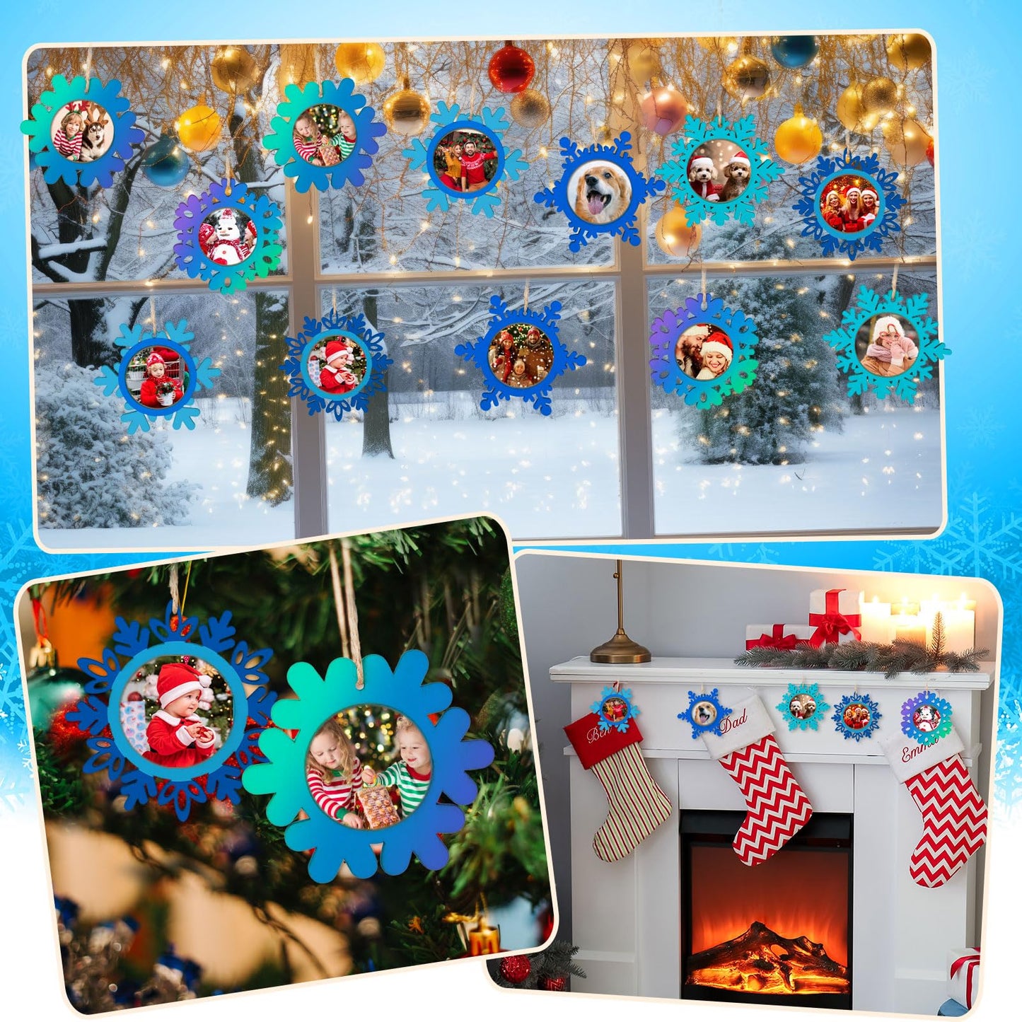 Thyle 12 Pcs Christmas Picture Frame Craft Kits DIY Wooden Snowflake Ornaments Bulk Xmas Tree Hanging Photo Frames for Christmas Party Winter Activities Home Decorations Gift