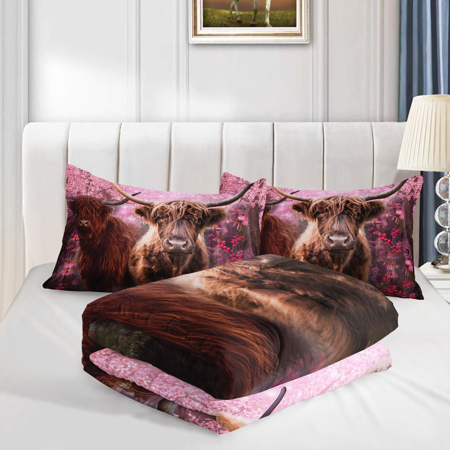 Cow Print Comforter Set 3Pcs Twin Size Cherry Blossom Cattle Bedding Set