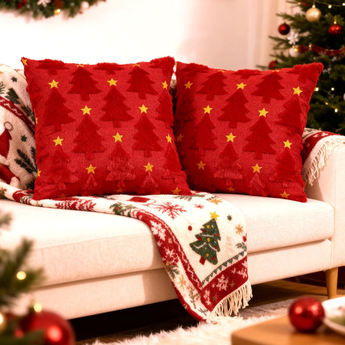 Hongsome Red Christmas Decor-Throw Pillow Covers 18x18in Set of 2,Soft Plush Faux Fur Pillow Case with Xmas Tree for Bedroom Large Couch Sofa Home Indoor Outdoor Holiday Decorations