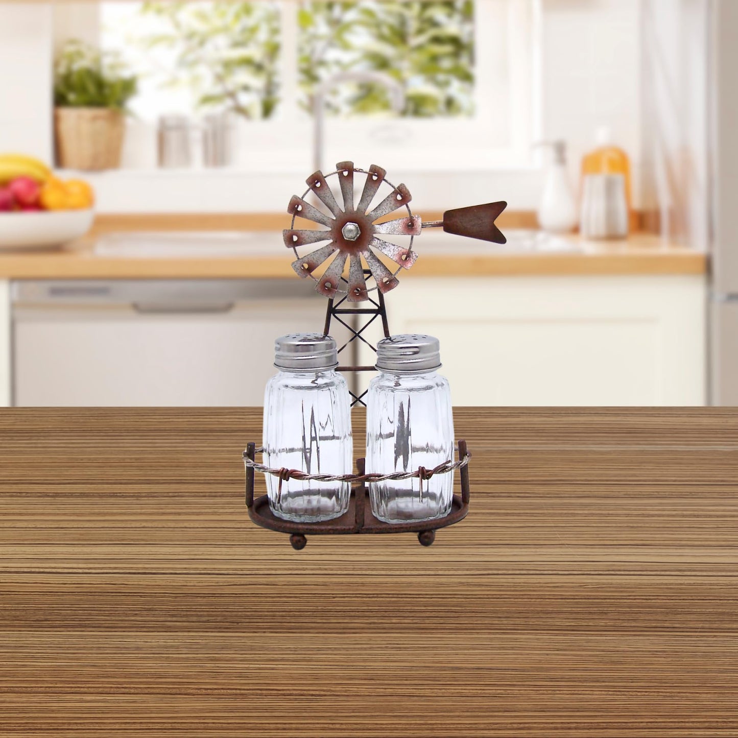Windmill Salt and Pepper Set Holder, Unique Rustic Décor, Shakers Included, 6.5 Inches