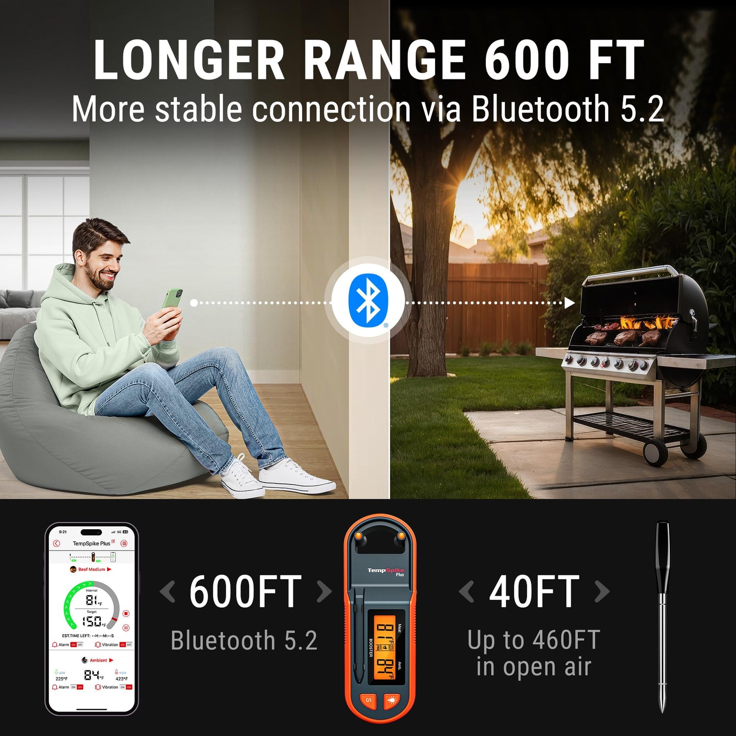 Thermopro TempSpike 600 ft Wireless Meat Thermometer Digital with Ultra-Thinner Probe, Bluetooth Meat Thermometer Wireless with LCD-Enhanced Booster for BBQ Grill Smoker Rotisserie Sous Vide