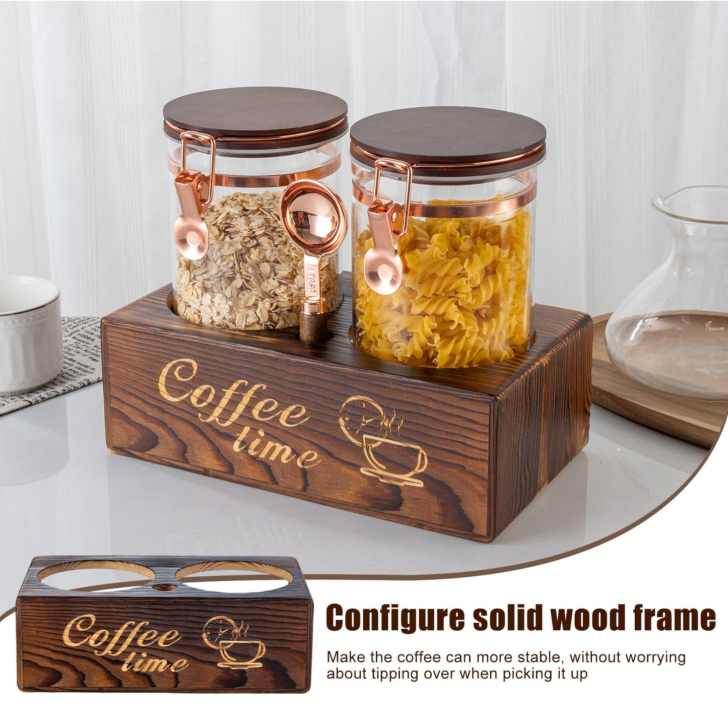 ARTIFORM Glass Coffee Canister Set with Torched Wood Shelf, 2 Pack 45oz Airtight Storage Jars with Lids & Spoons, Large Kitchen Canisters for Coffee Beans, Sugar, Tea & Nuts