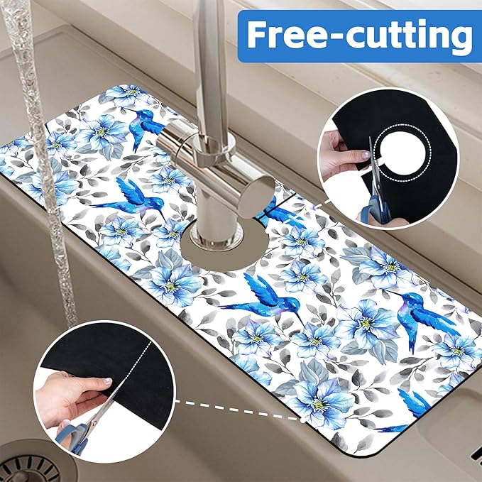 Blue Floral and Hummingbird Dish Drying Mat