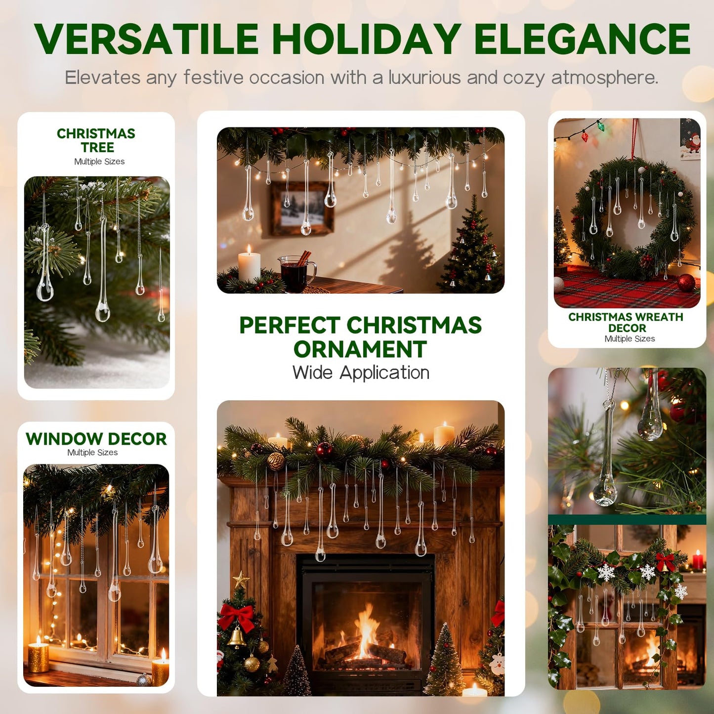 OuMuaMua 64 Pcs Glass Raindrop Christmas Ornaments Crystal Teardrop Hanging Ornaments Clear Chandelier Drop Pendant Decorations for Christmas Tree Winter New Year Party Supplies Home Decor