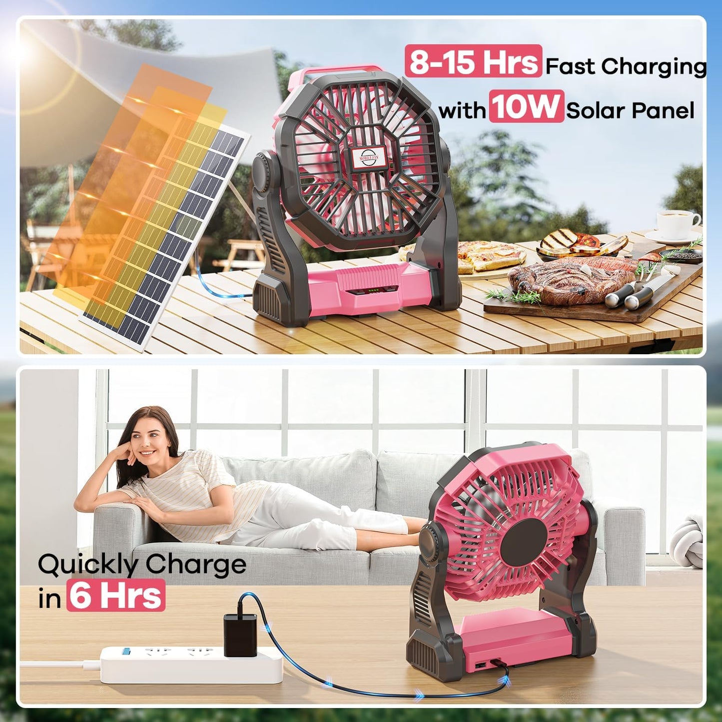 30000mAh Solar Fan with LED Lantern, 10W Solar Panel Rechargeable Battery Powered Camping Fan for Outside, 9 Inch Portable Battery Operated Hurricane Supplies for Picnic, Barbecue, Fishing, Travel