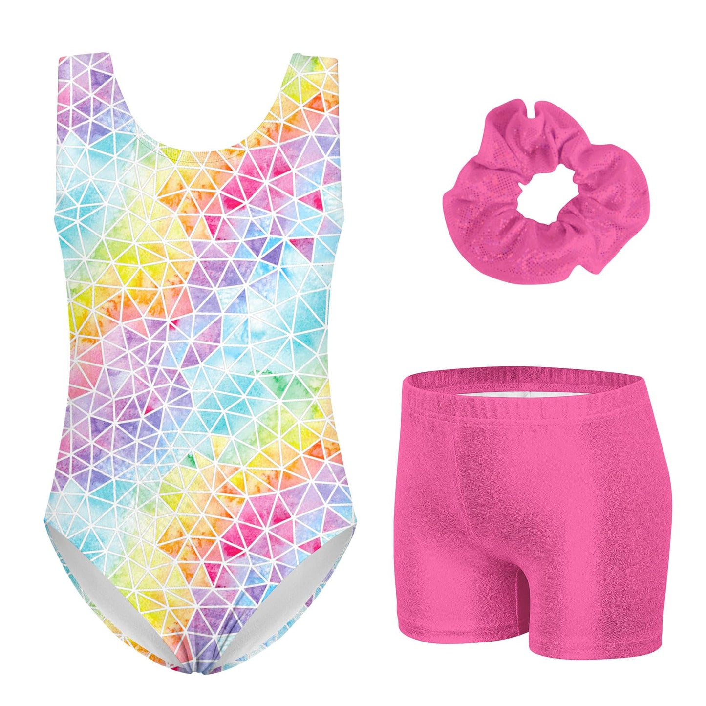 TUONROAD Girls Gymnastics Leotards Sparkle 3 Piece Biketards for 4T Kid Girls' Pink Geometry Tumbling Outfits Size 4 5 Toddler 3d Shiny Ballet Dance Leotards With Shorts,Size 4-5