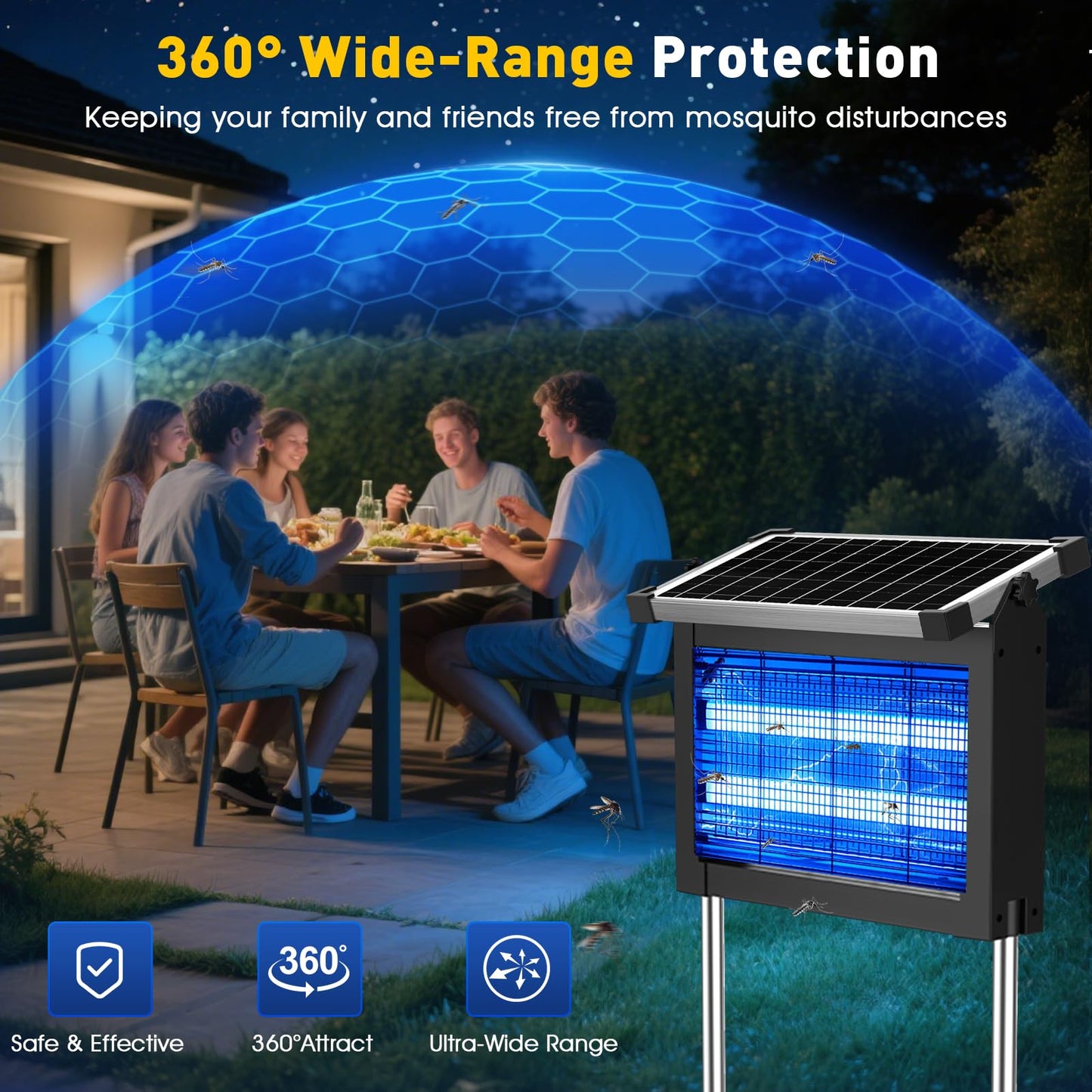 Bug Zapper Outdoor Solar Powered, Zwiran Mosquito Zapper Indoor with 4500V High Powered, Electric Fly Zapper with Extension Cord and Grounding Bracket, Rechargeable Waterproof Mosquito Killer