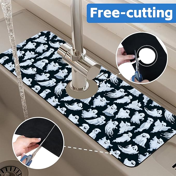 Halloween Ghost Kitchen Sink Splash Guard Mat Absorbent Fast Drying Mat Faucet