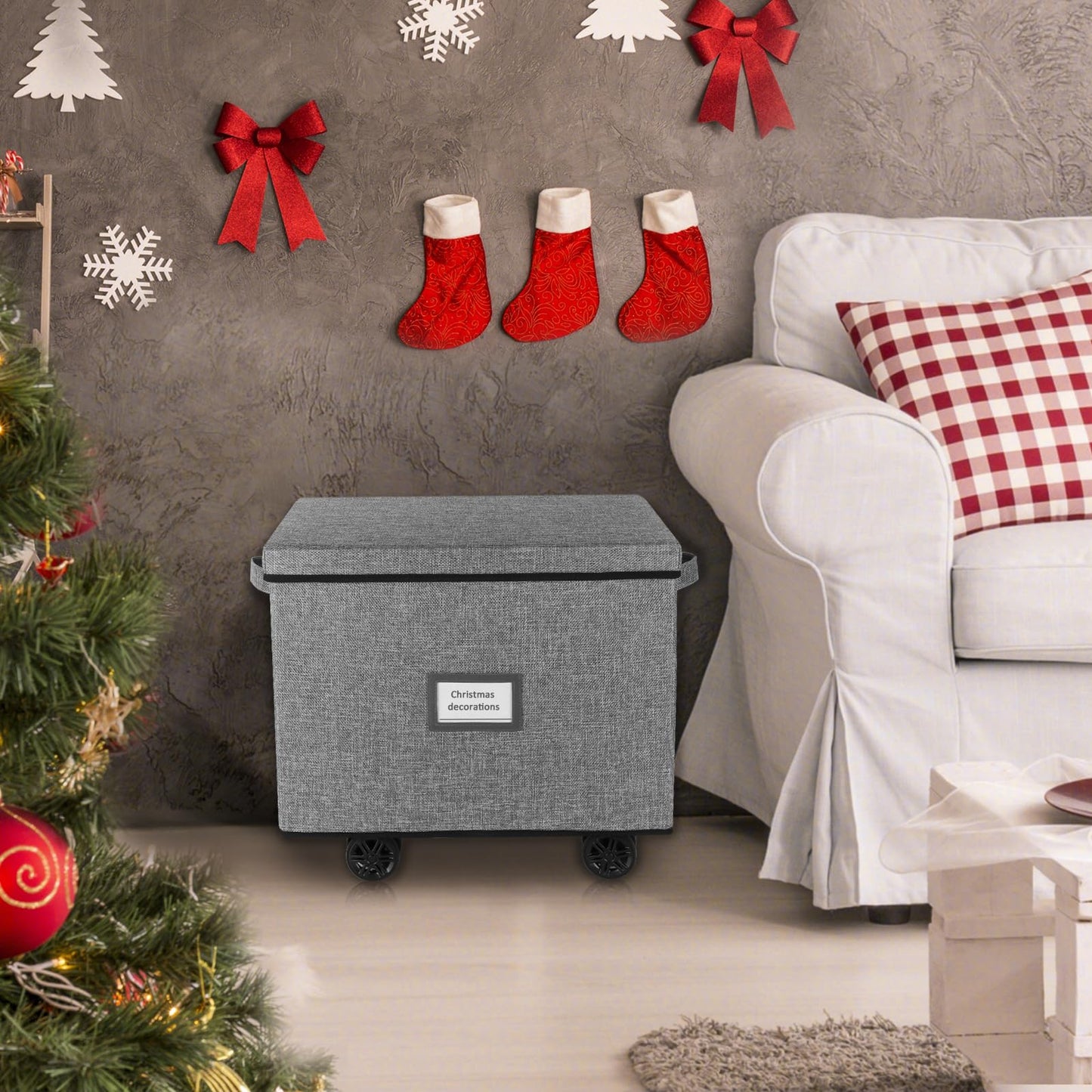 Lukeline Rolling Christmas Ornament Storage Box, Holiday Ornament Organizer with 3 Individual Removable Trays, Large Capacity Christmas Ornament Box with Tow Rope and Double Handles