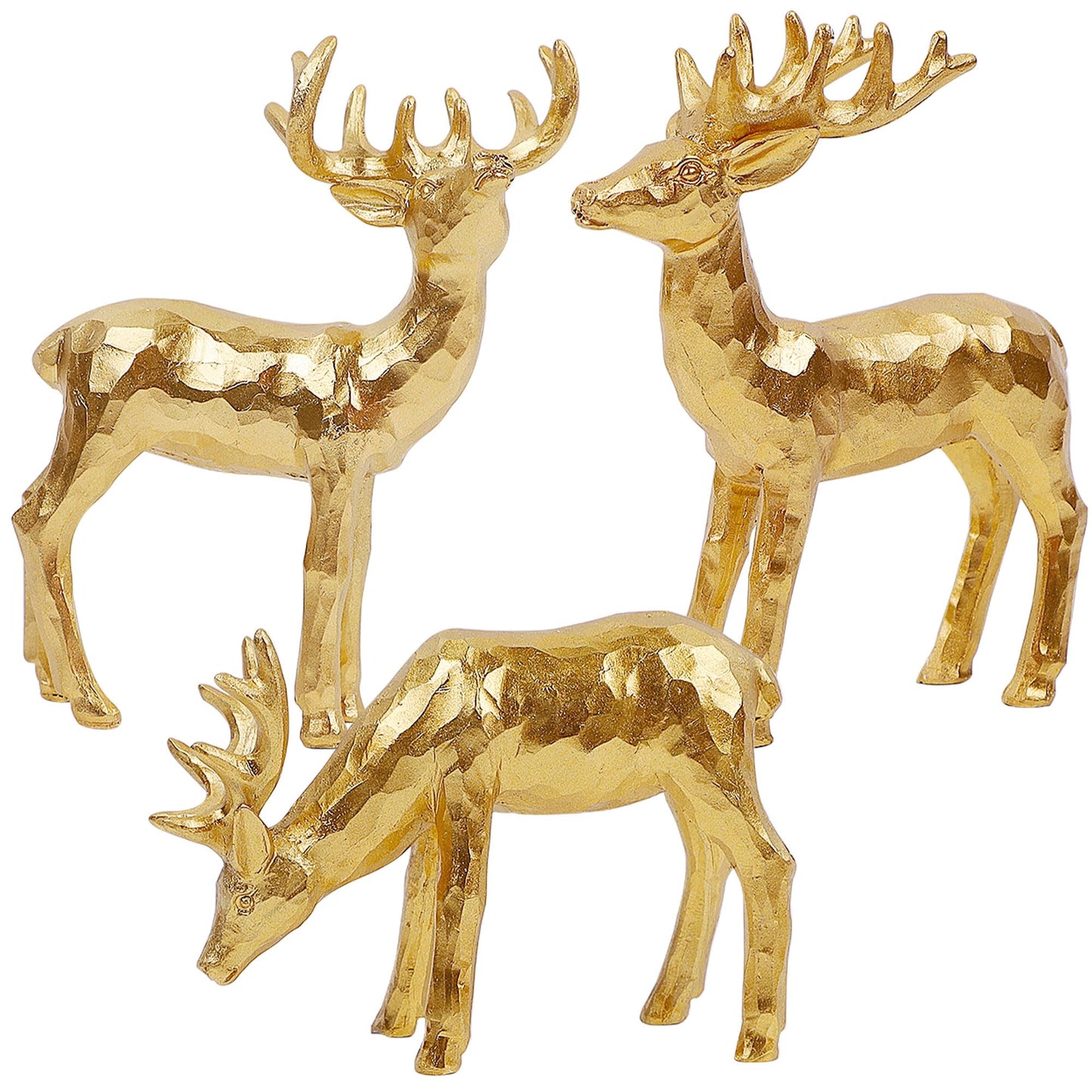 Lulu Home 3 PCS Christmas Tabletop Decorations, Resin Golden Reindeer Family Figurines with Diverse Postures, Xmas Holiday Winter Centerpieces Ornaments for Mantel Shelf Sill Decor(Peer)