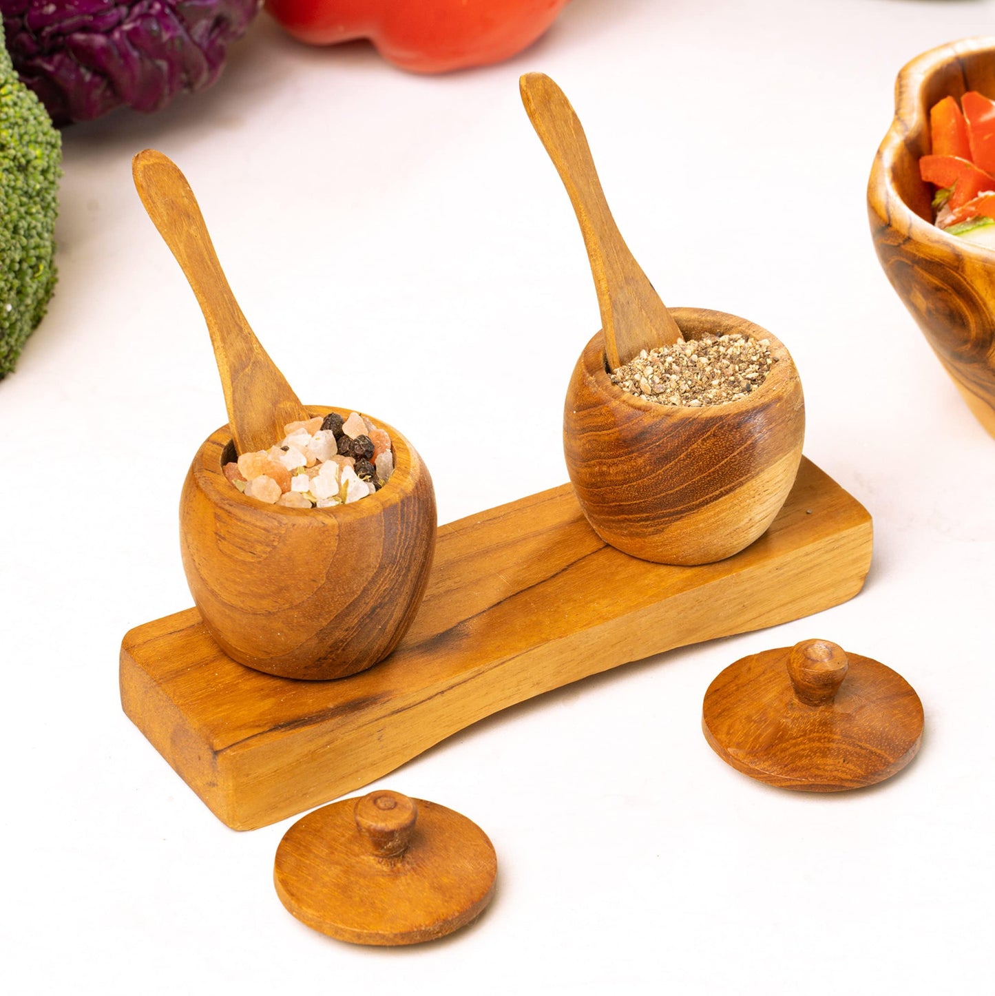 Rainforest Bowls Set of 2 Javanese Teak Wood Spice Jars w/Tray, Lid & Spoons- Perfect for Storing/Serving Salt & Spices, Durable- Exclusive Luxury Custom Design Handcrafted by Indonesian Artisans
