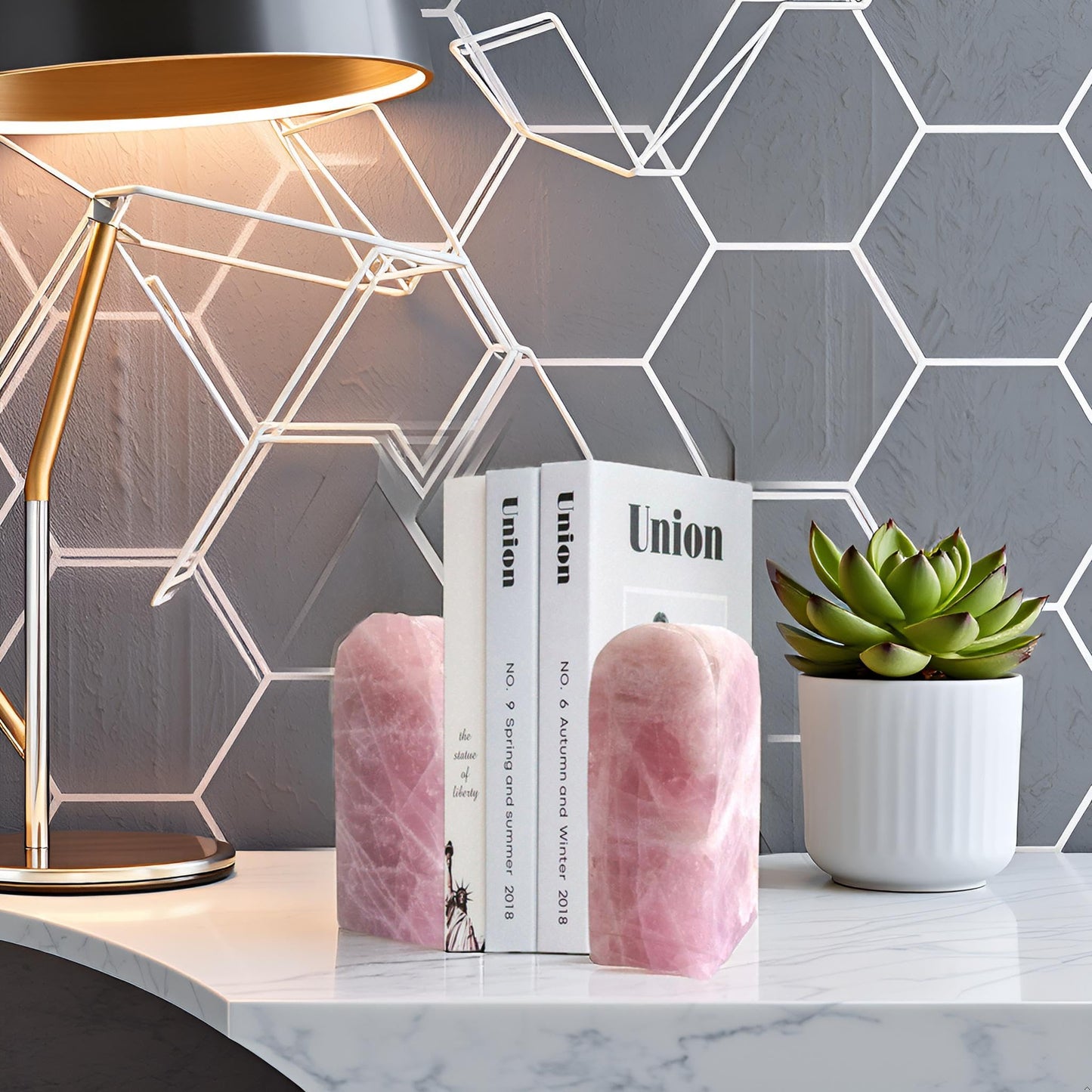 Sisamn Natural Rose Quartz Bookends 3.5-4 lbs Pink Crystal Stone Decorative Bookends with Non-Slip Bumpers for Home and Office Decor