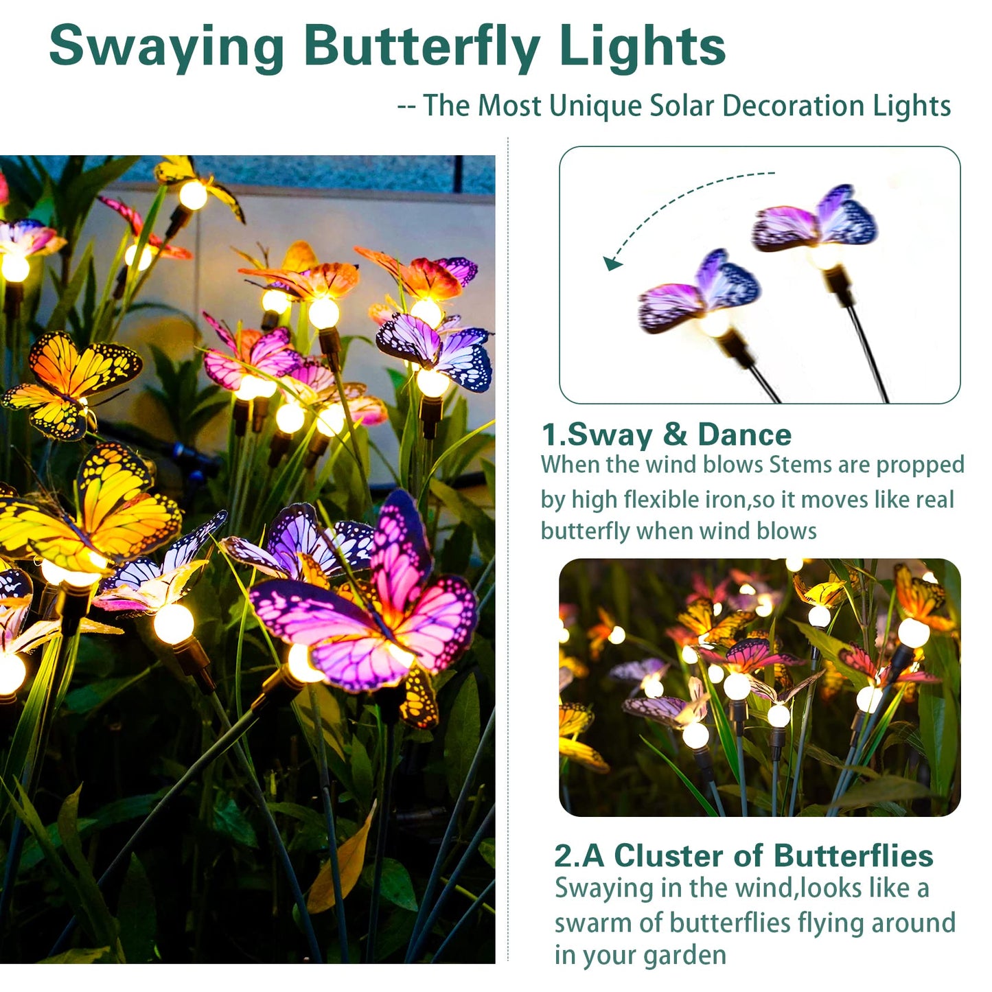TONULAX Solar Garden Lights - Swaying Butterfly Light, Swaying in The Wind, Solar Outdoor Lights, Yard Patio Pathway Decoration, High Flexibility Iron Wire & Realistic Butterflies (2 Pack)
