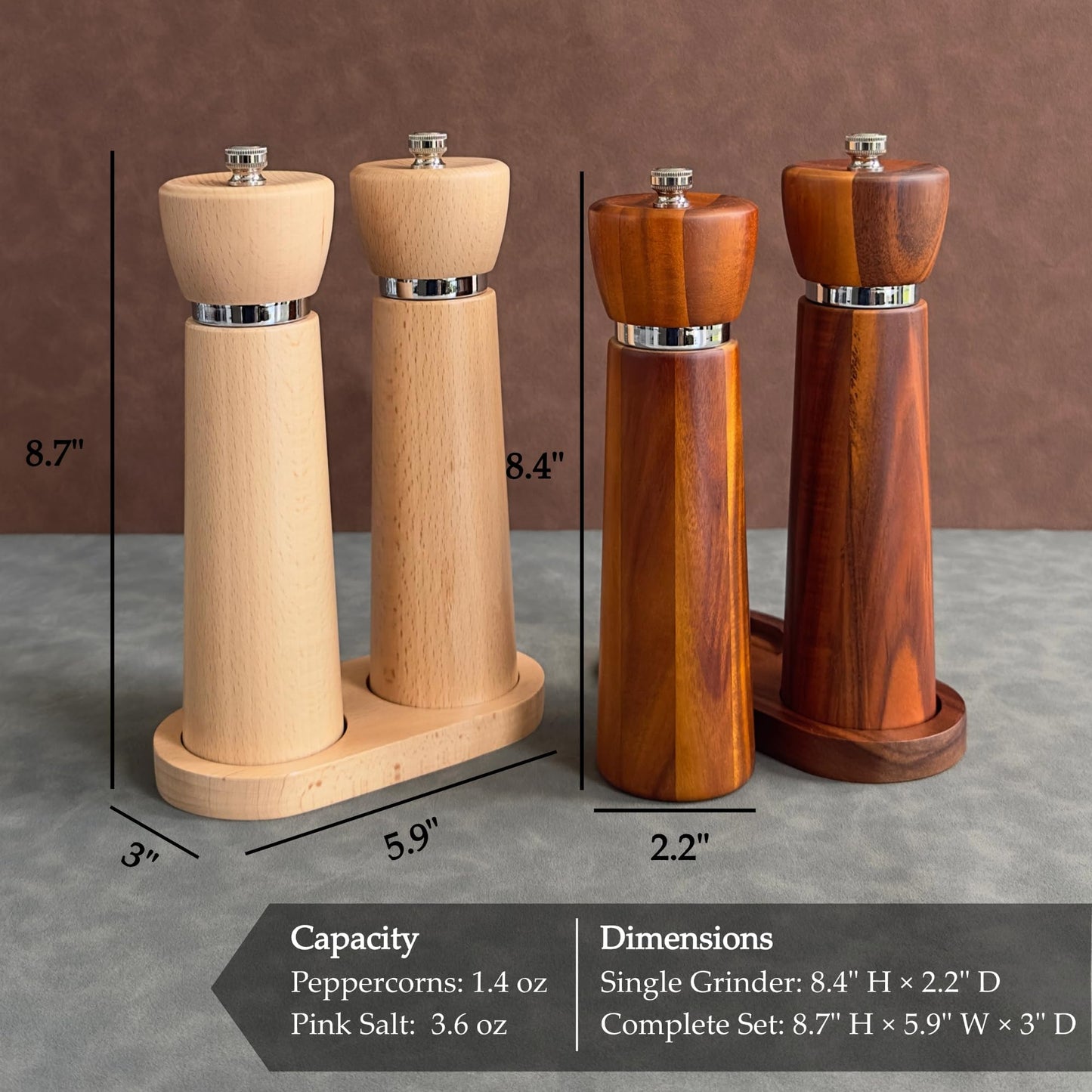 TLYSXPRO Wooden Salt and Pepper Grinder Set – Refillable Salt and Pepper Mill with Adjustable Upgraded Large Size Ceramic Burr – Manual Pepper Grinder with Beech Wood Body – 8.3” Tall (Chocolate Wood)