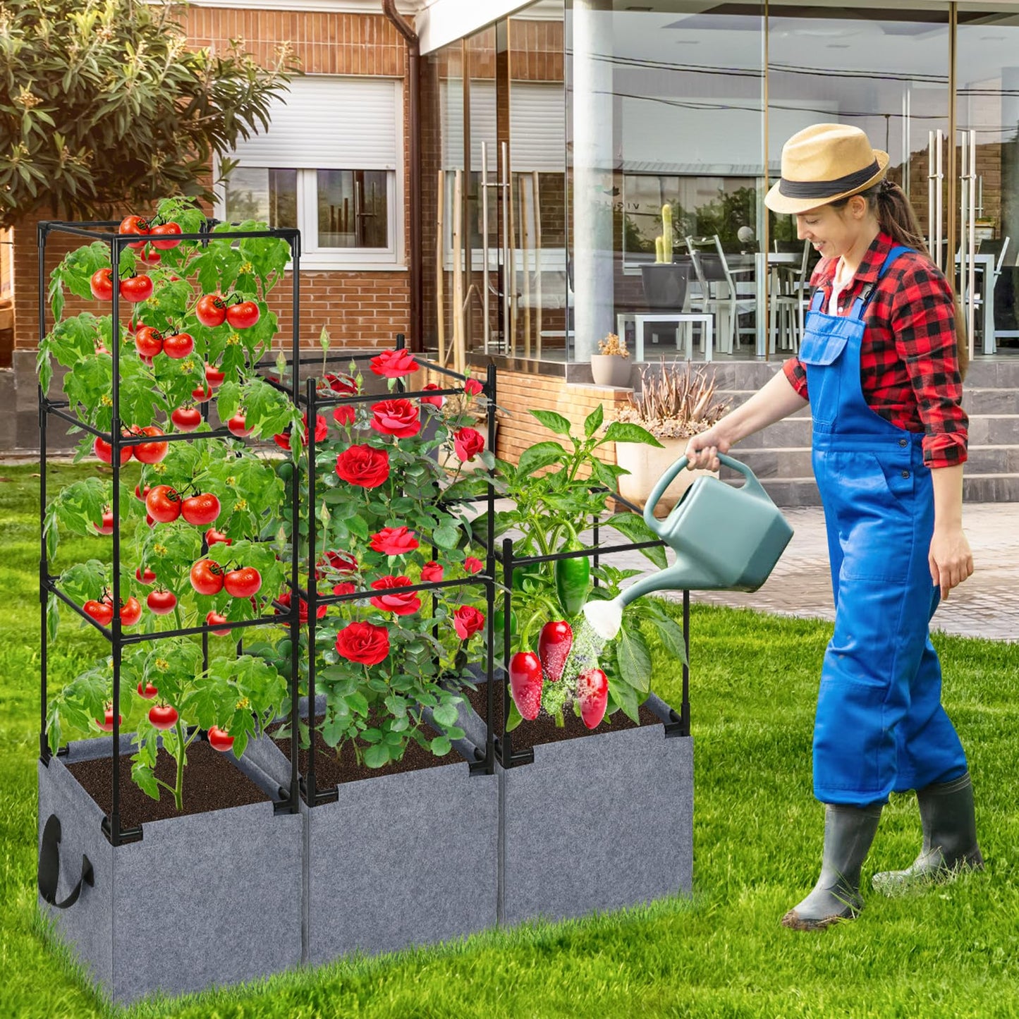 Qinzave 3 Pack Square Tomato Cages with Grow Bags, 42.5 Inch Stable Square Tomato Planter Support Stakes Kit for Garden, Tomato Cages Trellis Pots for Spring Climbing Vegetables Fruits Vines Flowers