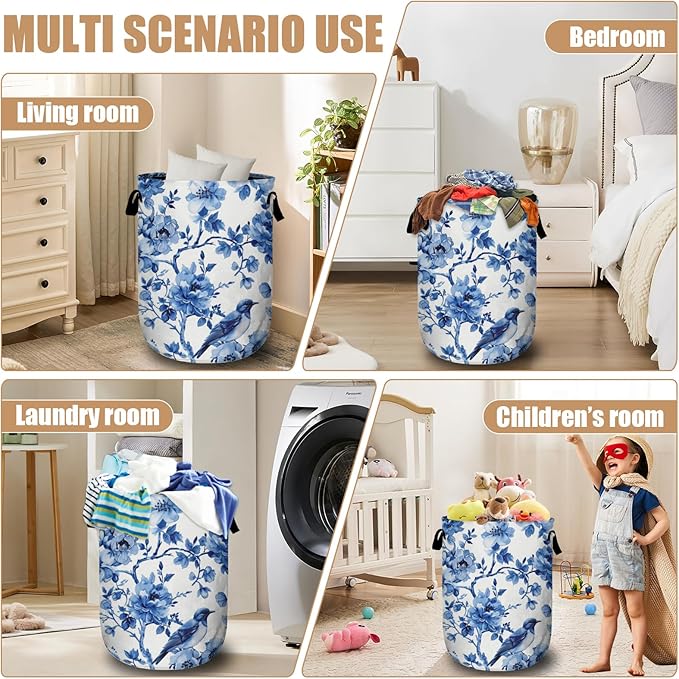 Blue Flower Bird Laundry Basket, Foldable Waterproof Laundry Hamper Tote Bag