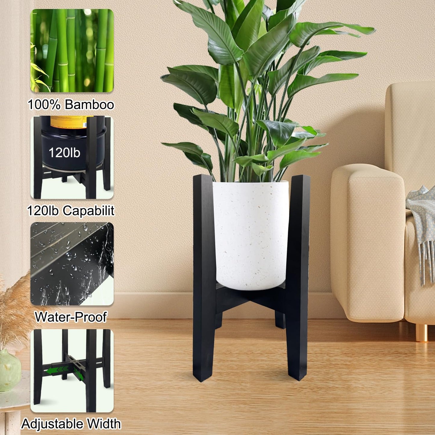Sholramo Adjustable Plant Stand Indoor Bamboo Mid Century Modern Plants Stand Corner Plants Flower Holders Single Floor Plant Stands- 8.2-11.8 in (Pot & Plant Not Included) (Black, (8.2-11.8in))