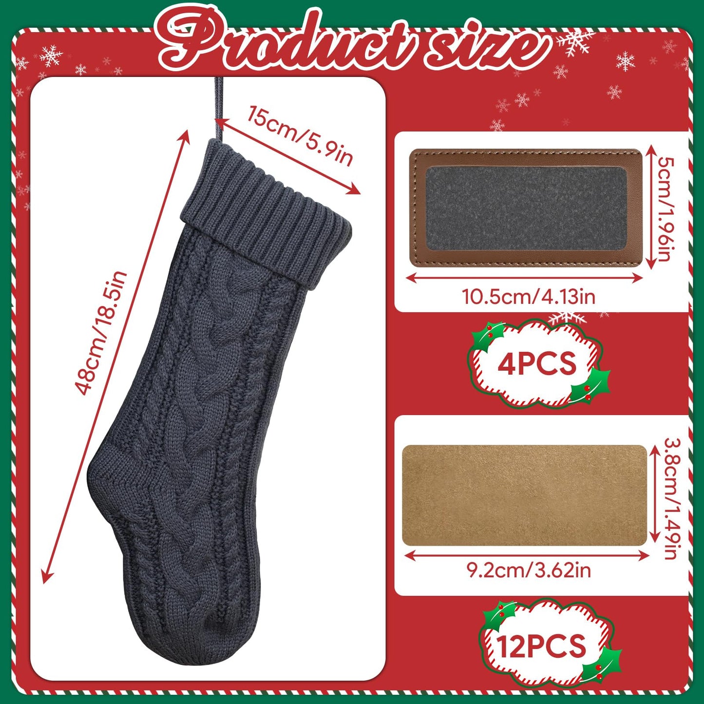 steo spce 4 Pack Personalized Christmas Stocking with Leather Patches Custom Name Family Christmas Stockings, 18.5” Large Knitted Xmas Stockings for Kids, Holiday and Fireplace Party Decoration