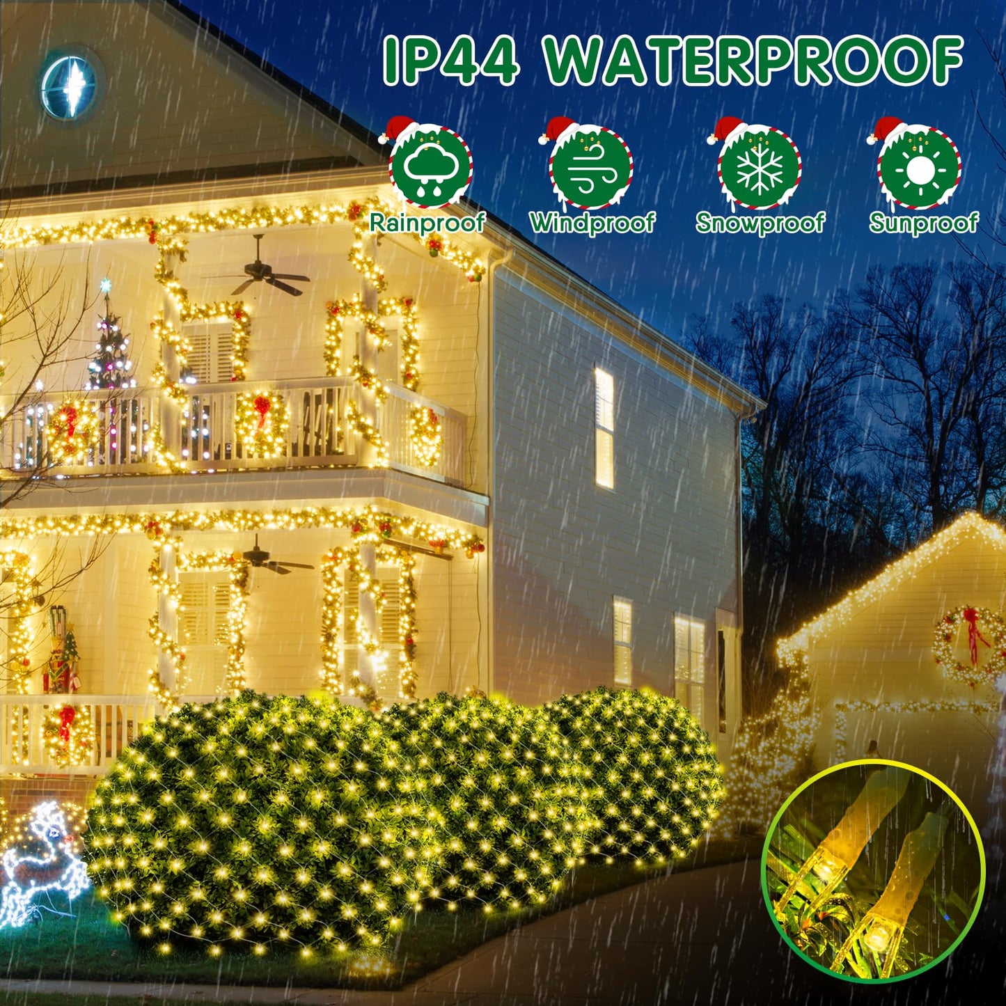 Hezbjiti Christmas Net Lights Outdoor 200 LED 6.9FT x 5.4FT Clear Wire with 8 Modes, Connectable Plug in Waterproof, Timer Memory Function for Xmas Tree Bushes Porch Lawn Windows Decor(Warm White)