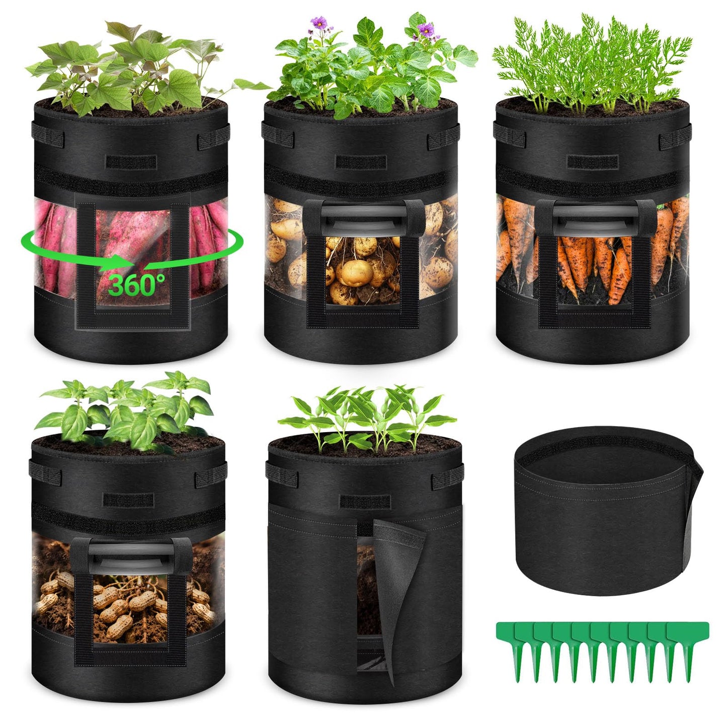 5 Pack 10 Gallon 360° Visible Potato Grow Bags with Shading Flap & Harvest Window – Heavy Duty 400g Non-Woven Fabric Potato Bags for Growing Potatoes with 10 Green Labels, Potato Growing Containers